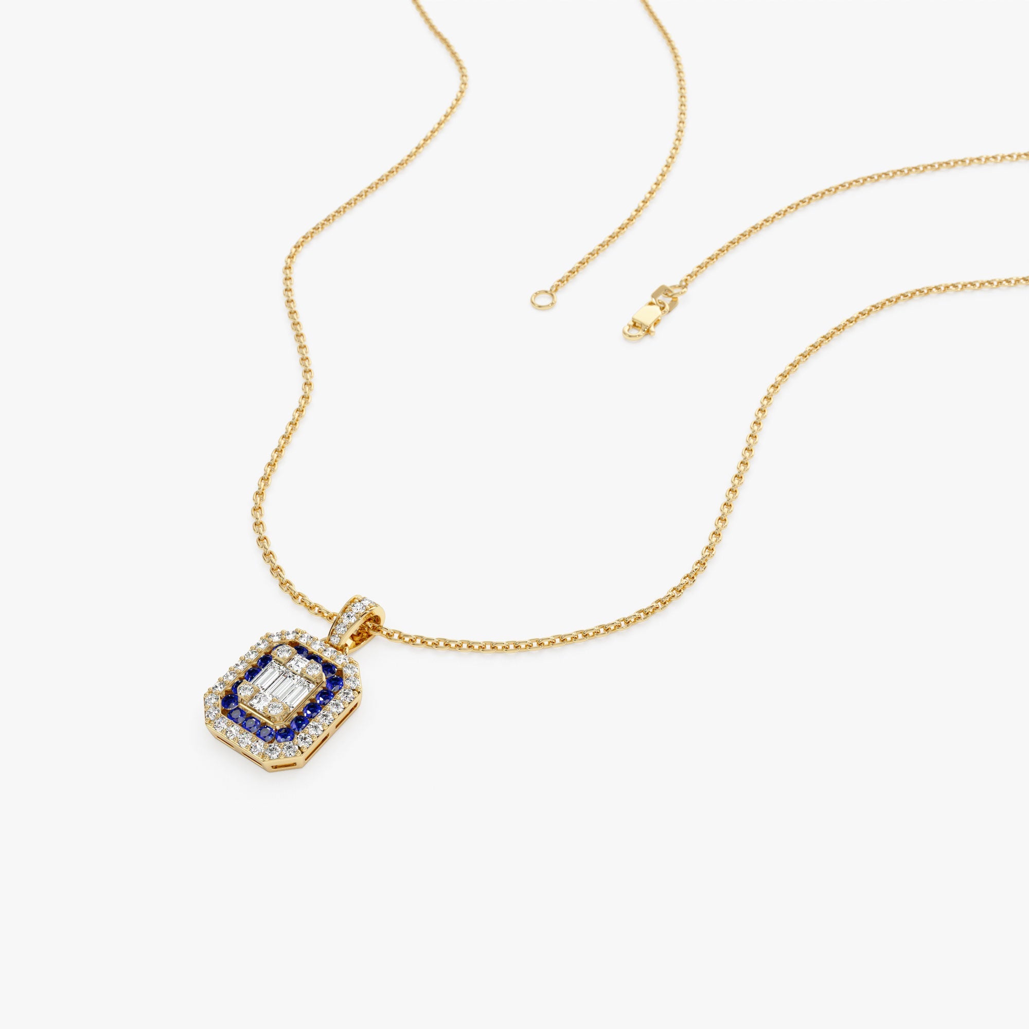 OBFJ1102 - 14k Baguette and Round Sapphire Necklace with Halo Setting 6