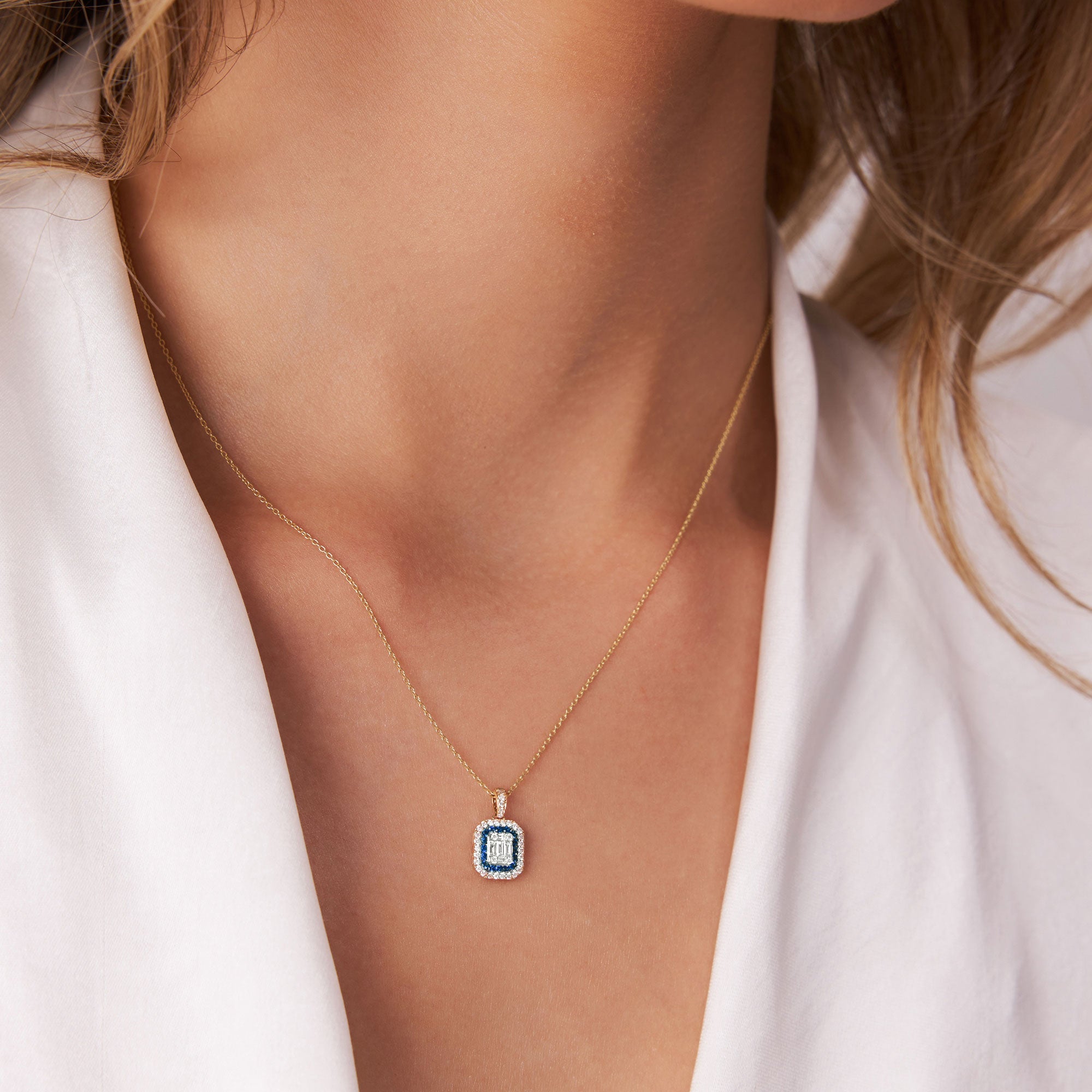 OBFJ1102 - 14k Baguette and Round Sapphire Necklace with Halo Setting 3