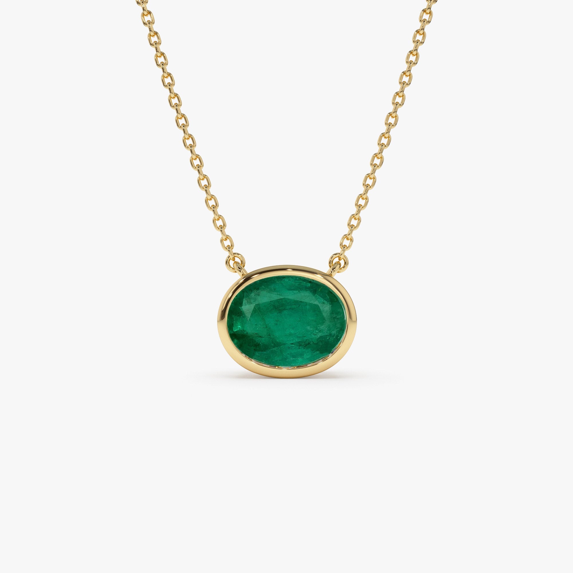 OBFJ1082 - 14k 1.55 - 2.20 Ctw Oval Shaped Bezel Setting Emerald Necklace 1