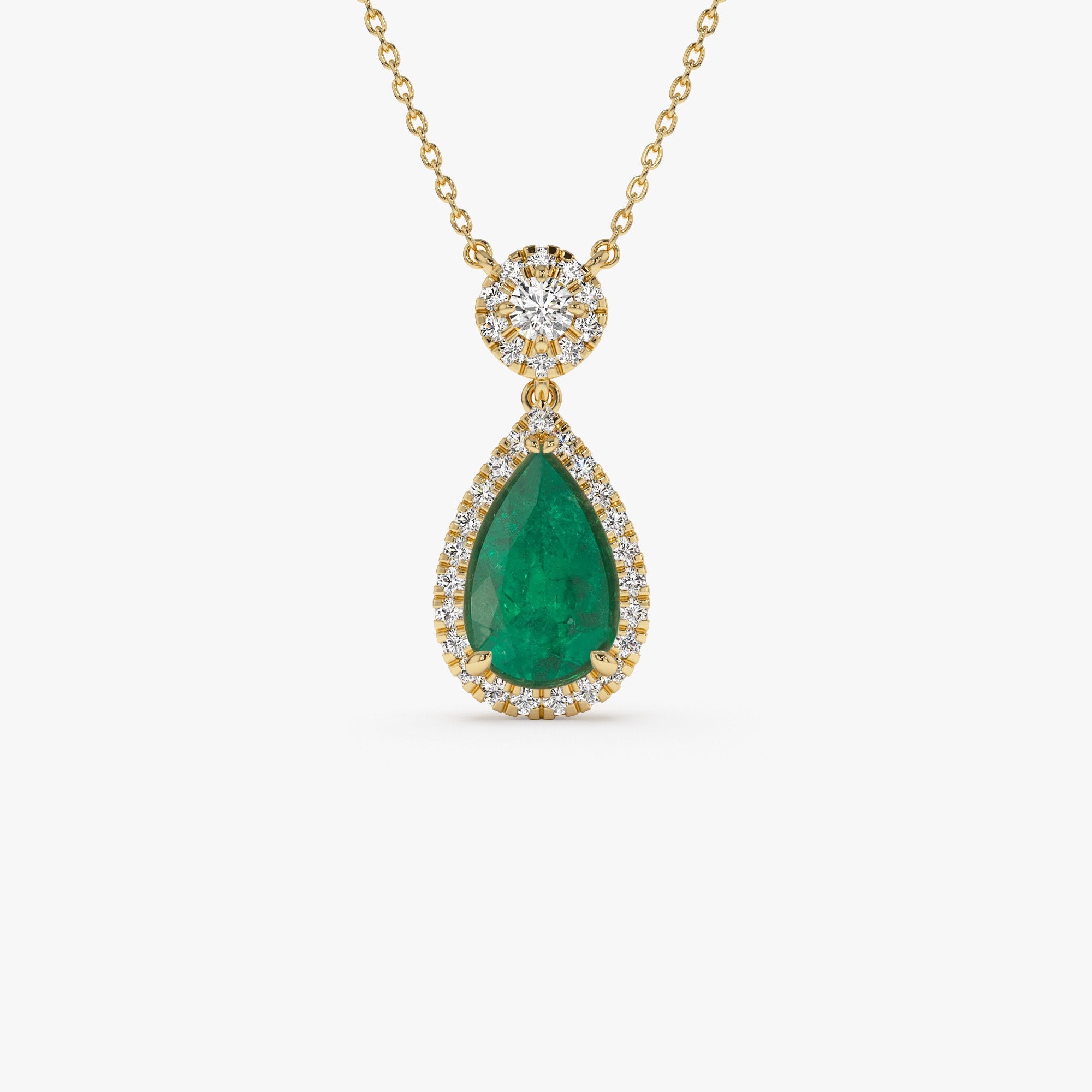 OBFJ1079 - 14k 2.00 Ctw Pear Shape Emerald and Diamond Halo Setting Necklace 1