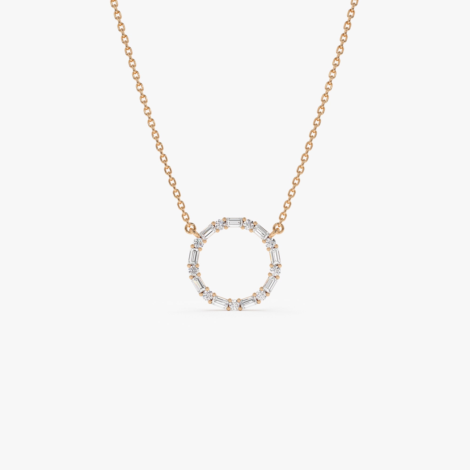 OBFJ1076 - 14k Baguette & Round Diamond Circle Necklace 8