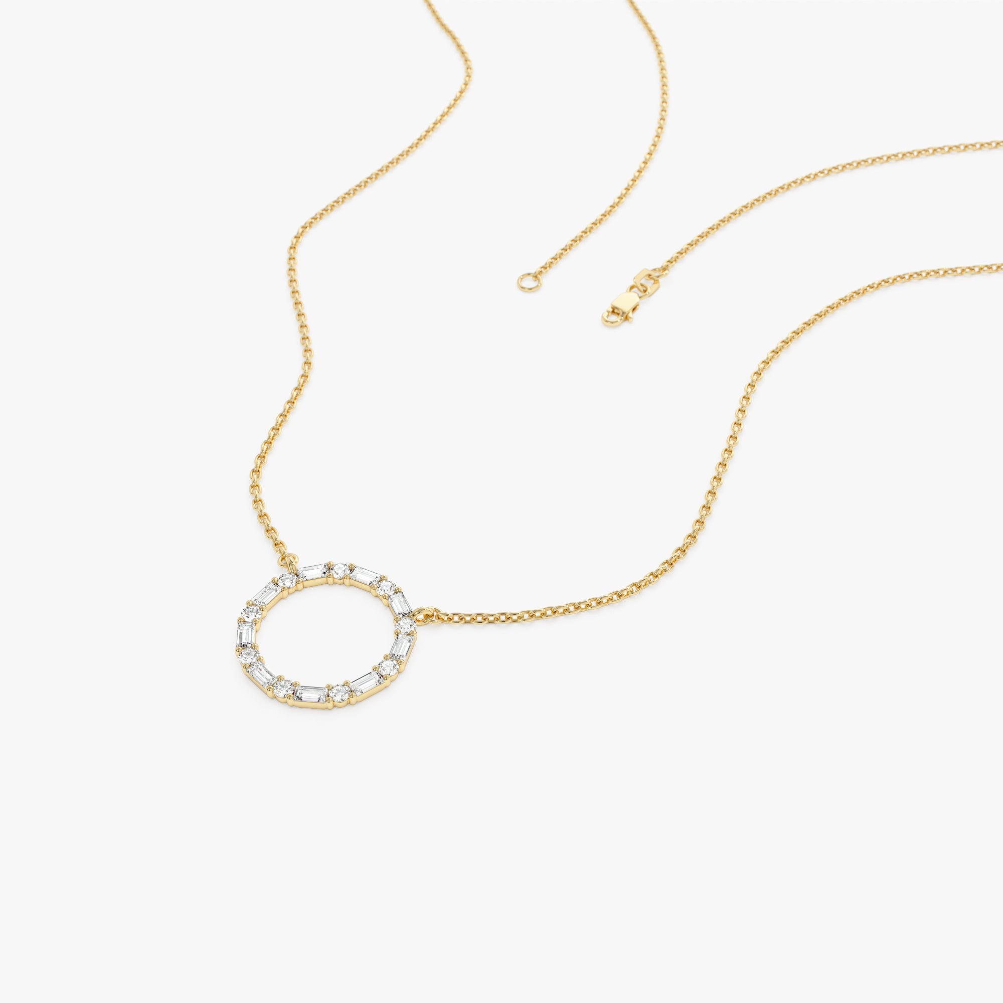 OBFJ1076 - 14k Baguette & Round Diamond Circle Necklace 10