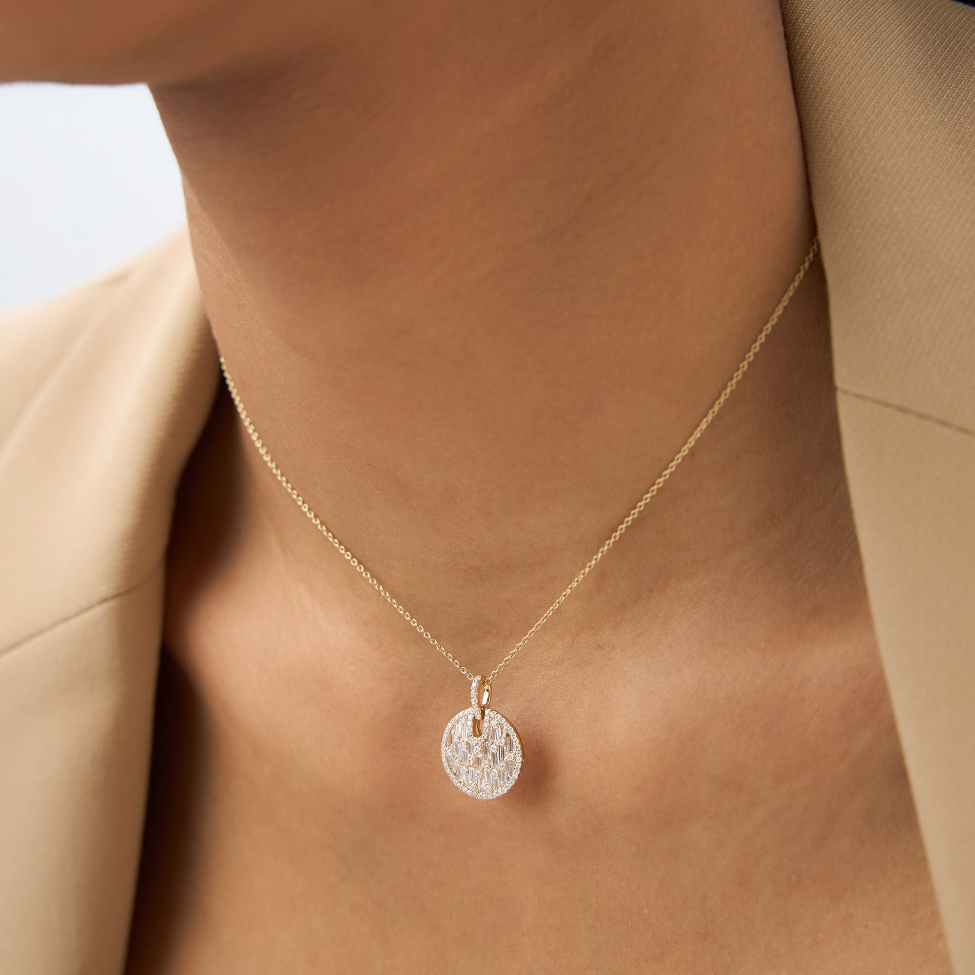 OBFJ1015 - 14k Unique Baguette and Round Diamond Disc Necklace 5