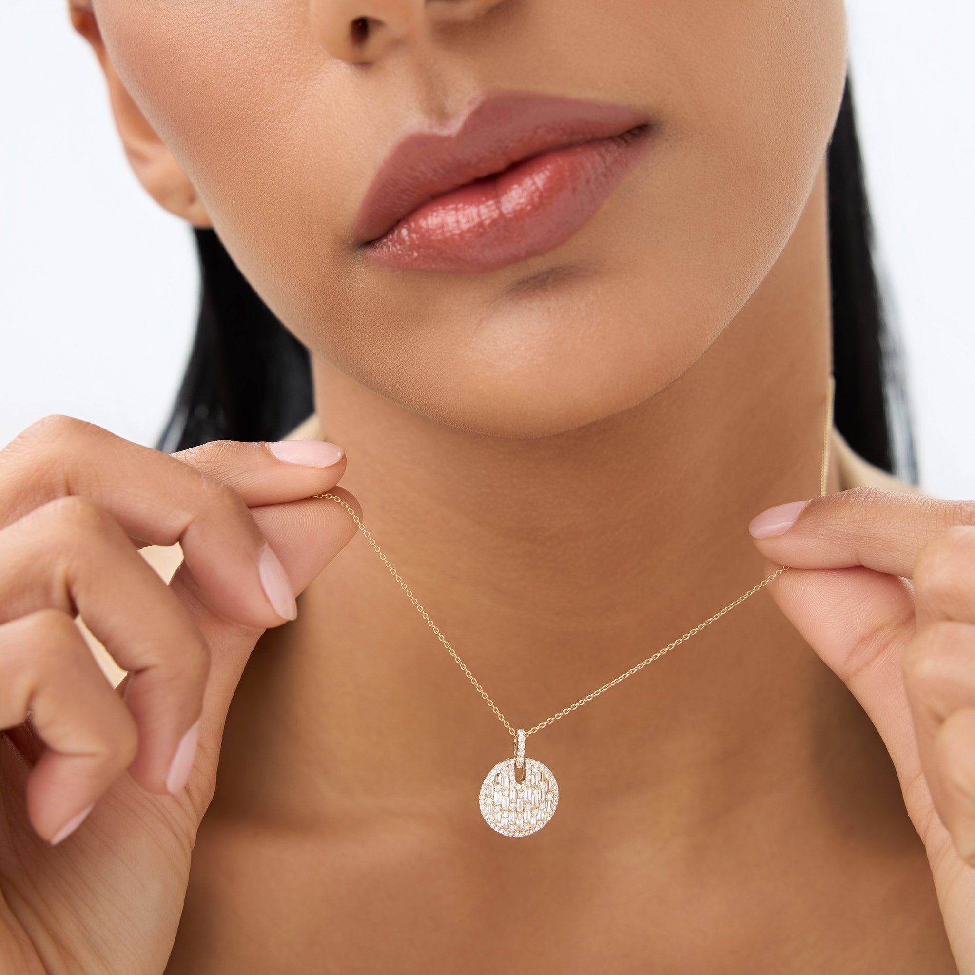 OBFJ1015 - 14k Unique Baguette and Round Diamond Disc Necklace 3