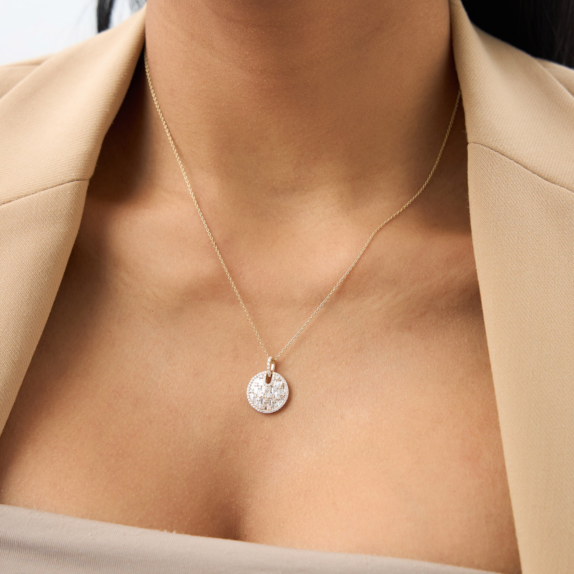 OBFJ1015 - 14k Unique Baguette and Round Diamond Disc Necklace 7
