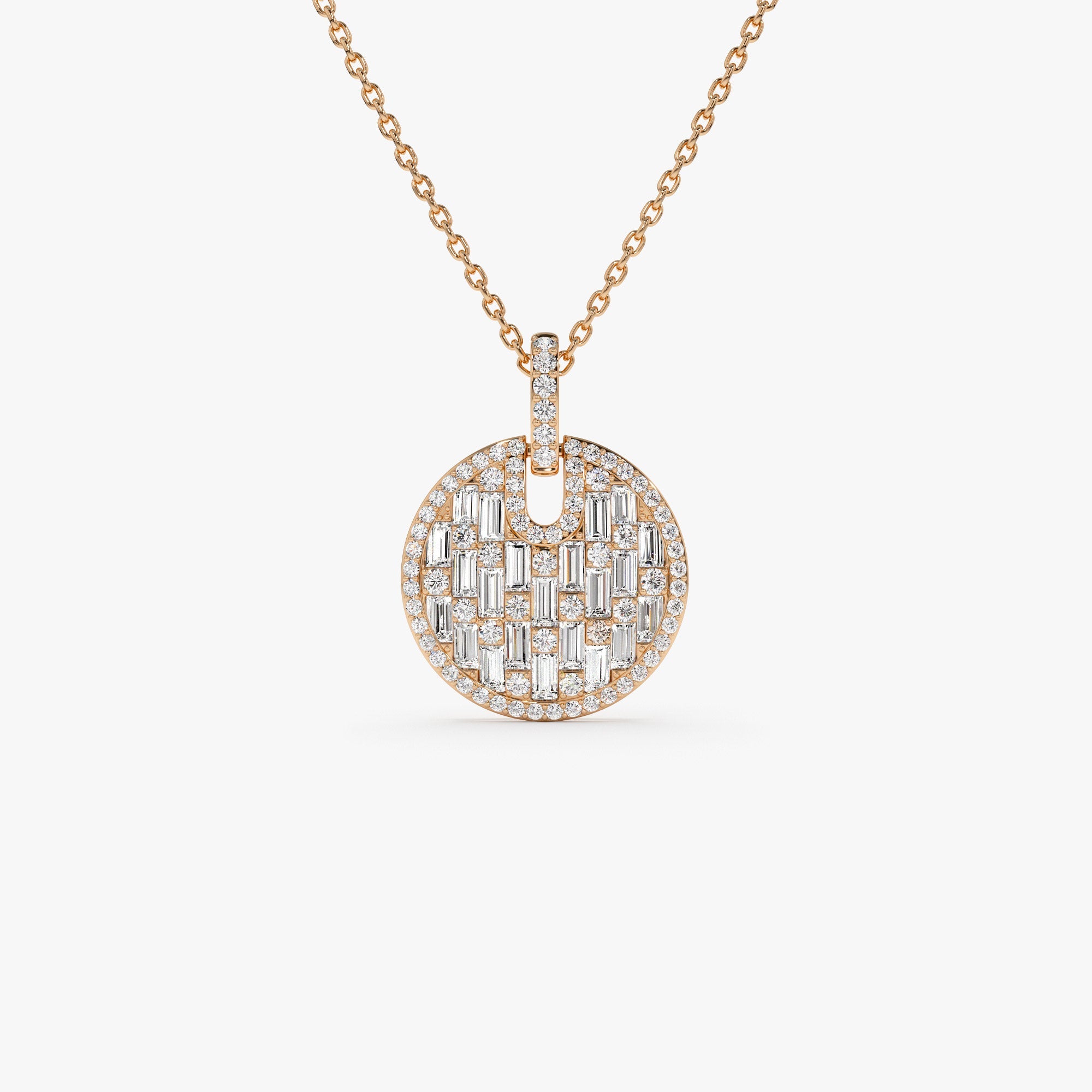 OBFJ1015 - 14k Unique Baguette and Round Diamond Disc Necklace 10