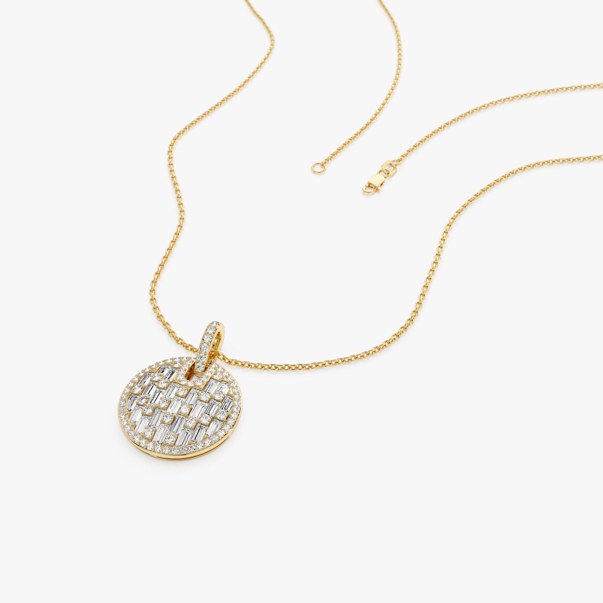 OBFJ1015 - 14k Unique Baguette and Round Diamond Disc Necklace 9