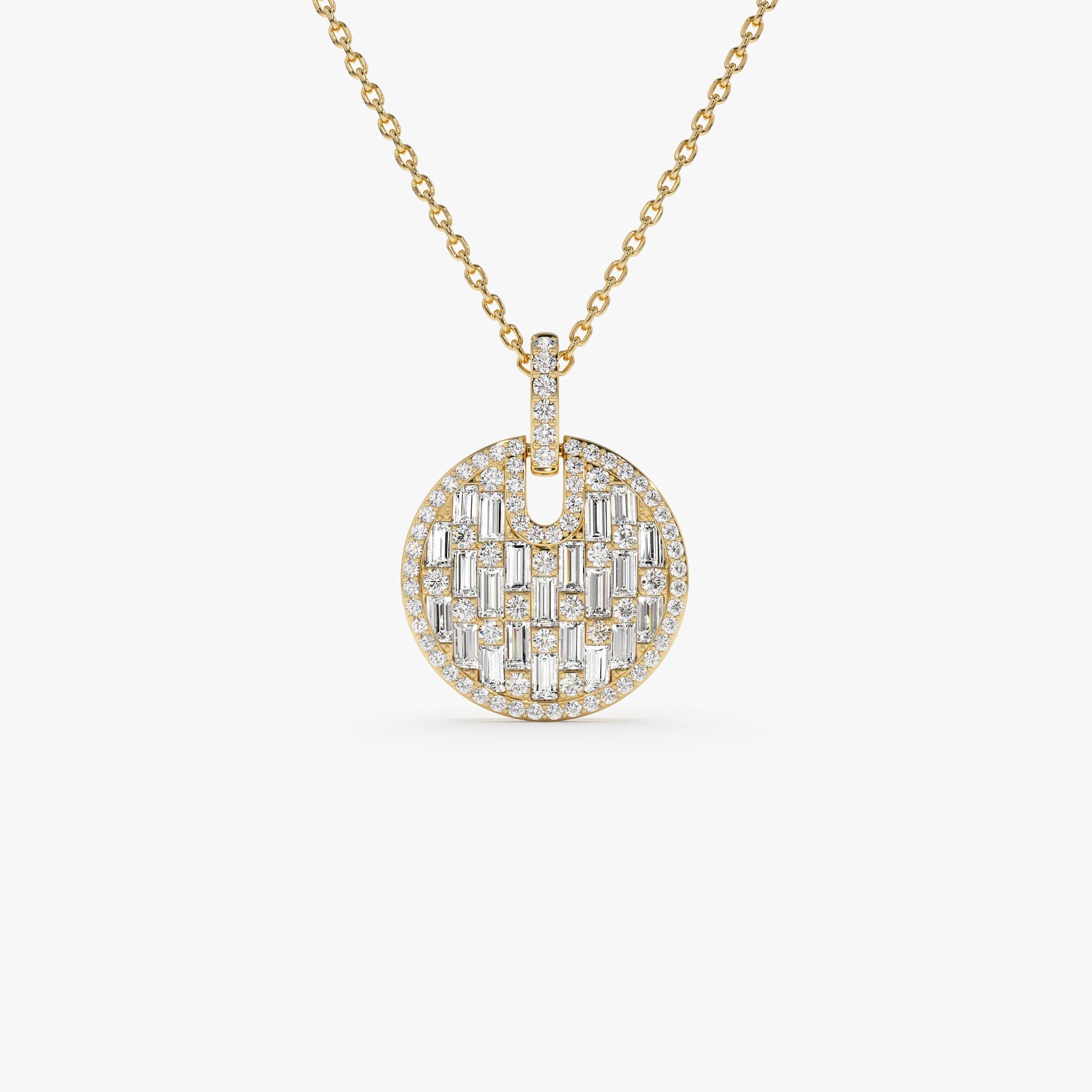 OBFJ1015 - 14k Unique Baguette and Round Diamond Disc Necklace 1