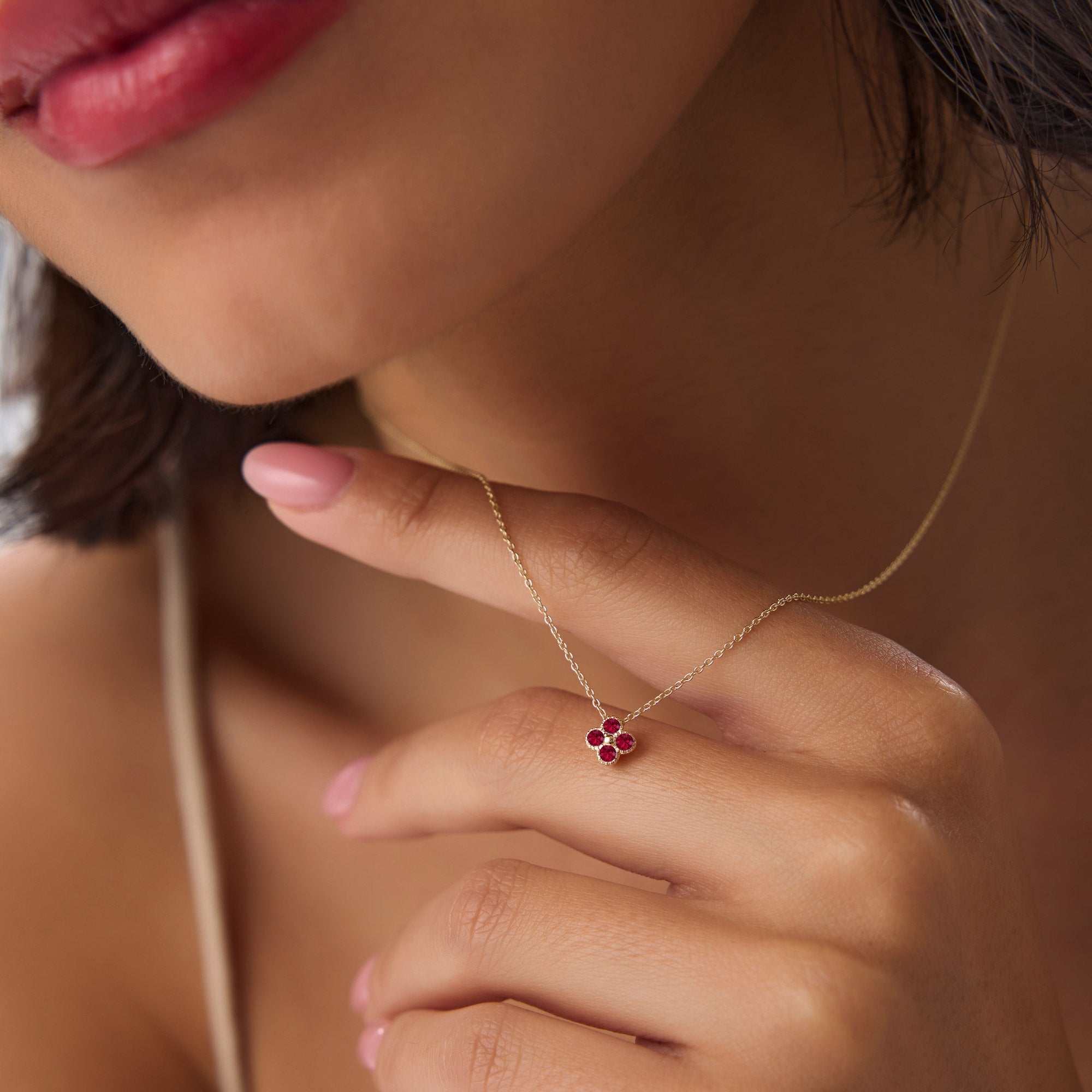 OBFJ1028 - 14k Ruby Clover Beaded Necklace 2