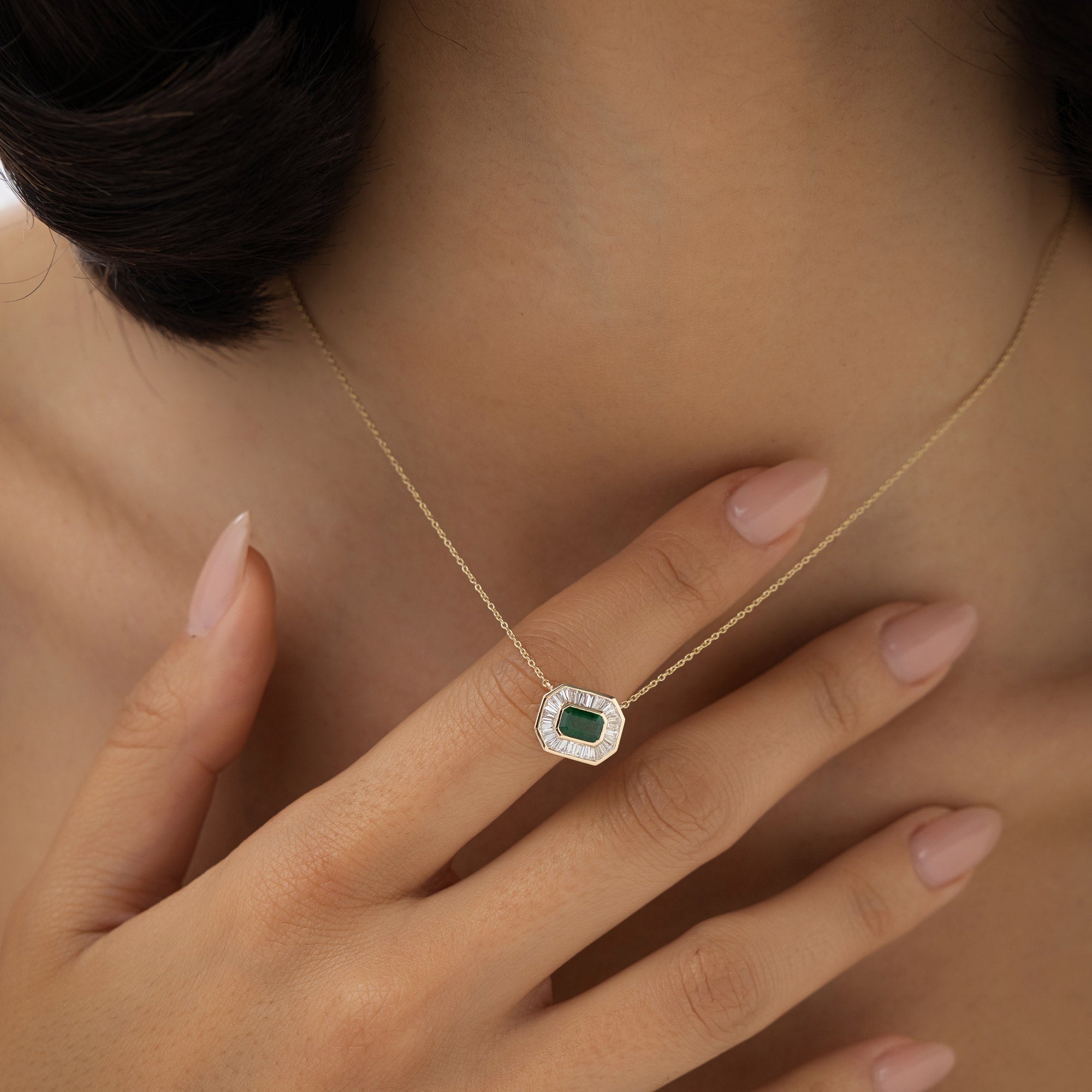 OBFJ1022 - 14k Baguette Halo Emerald Necklace 4
