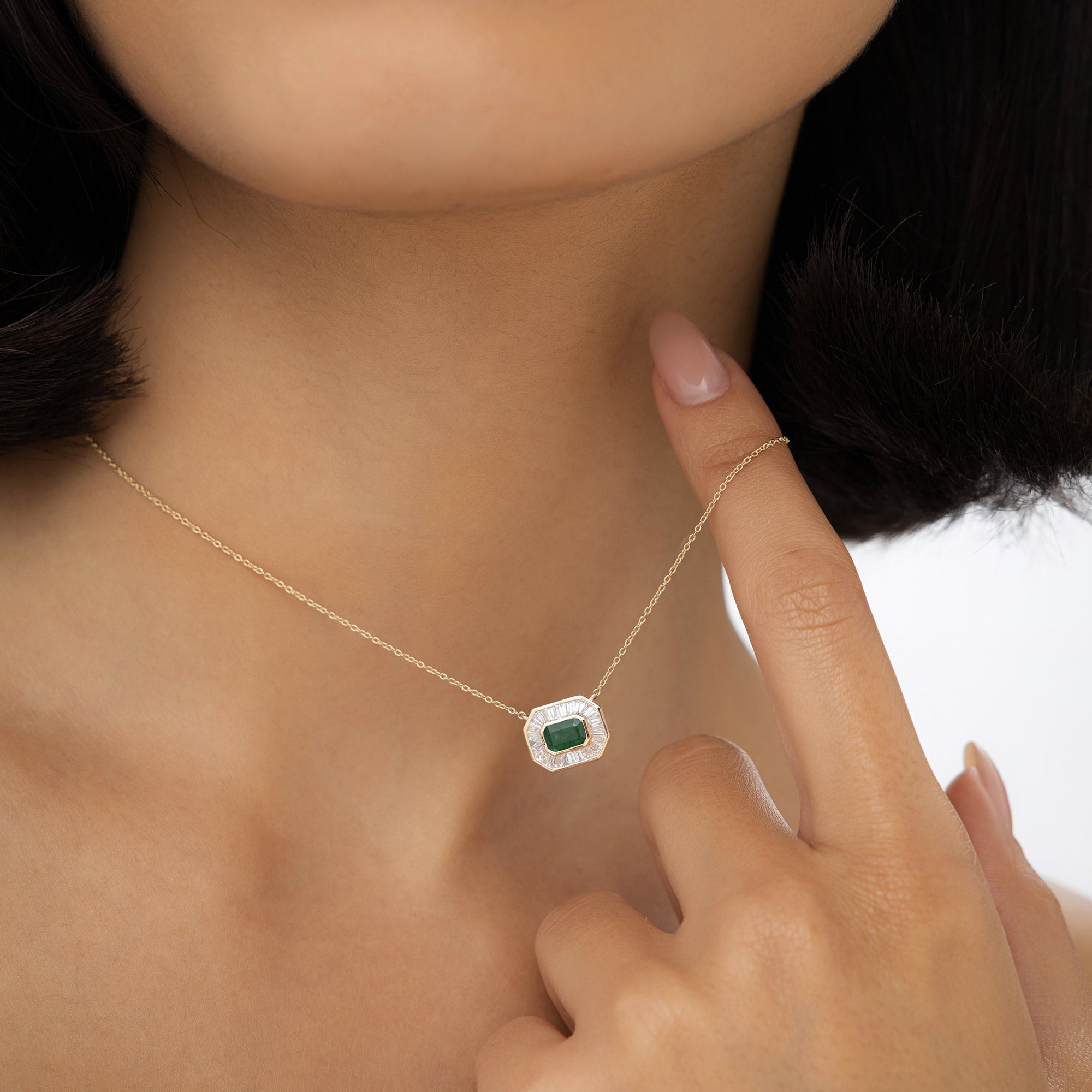 OBFJ1022 - 14k Baguette Halo Emerald Necklace 2