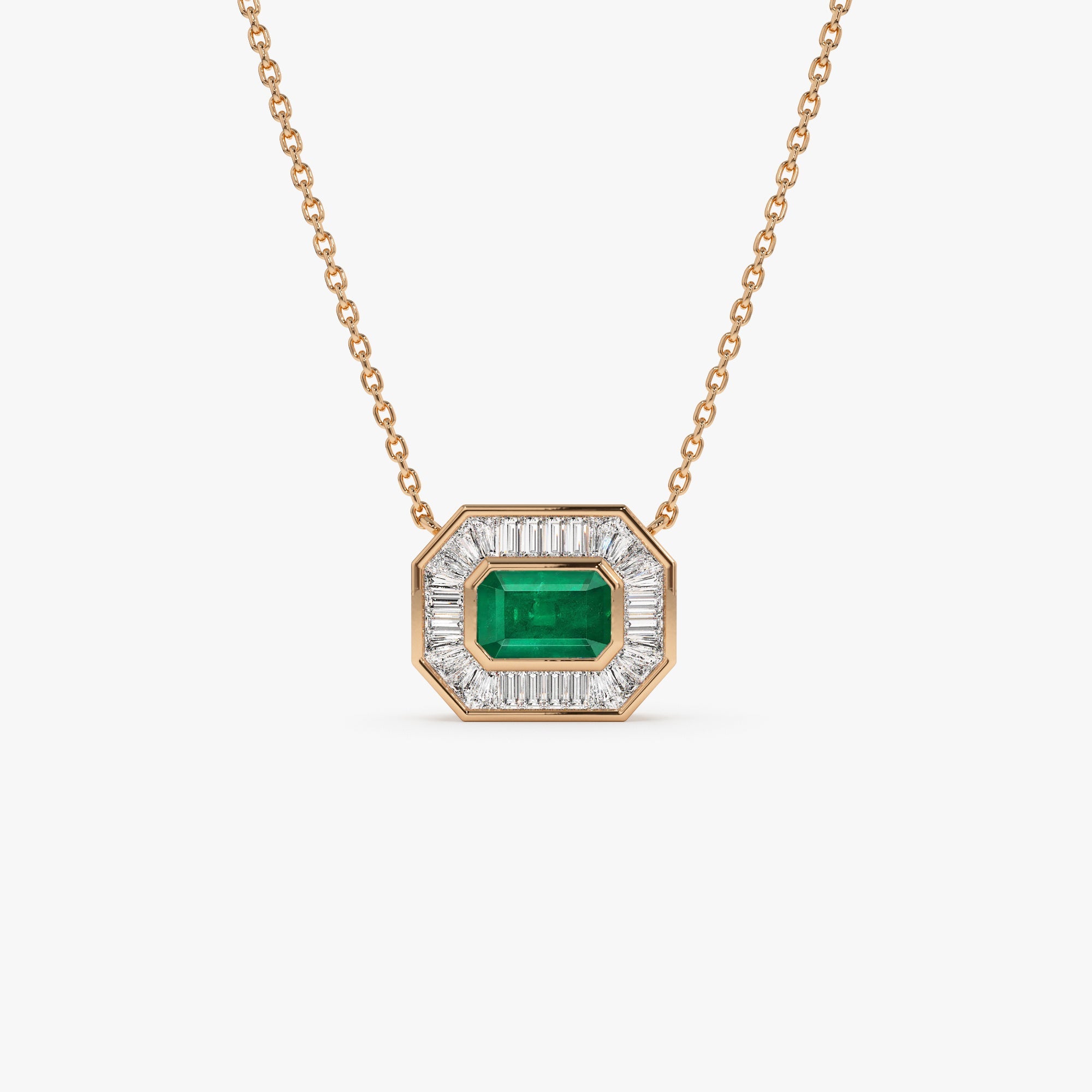 OBFJ1022 - 14k Baguette Halo Emerald Necklace 7
