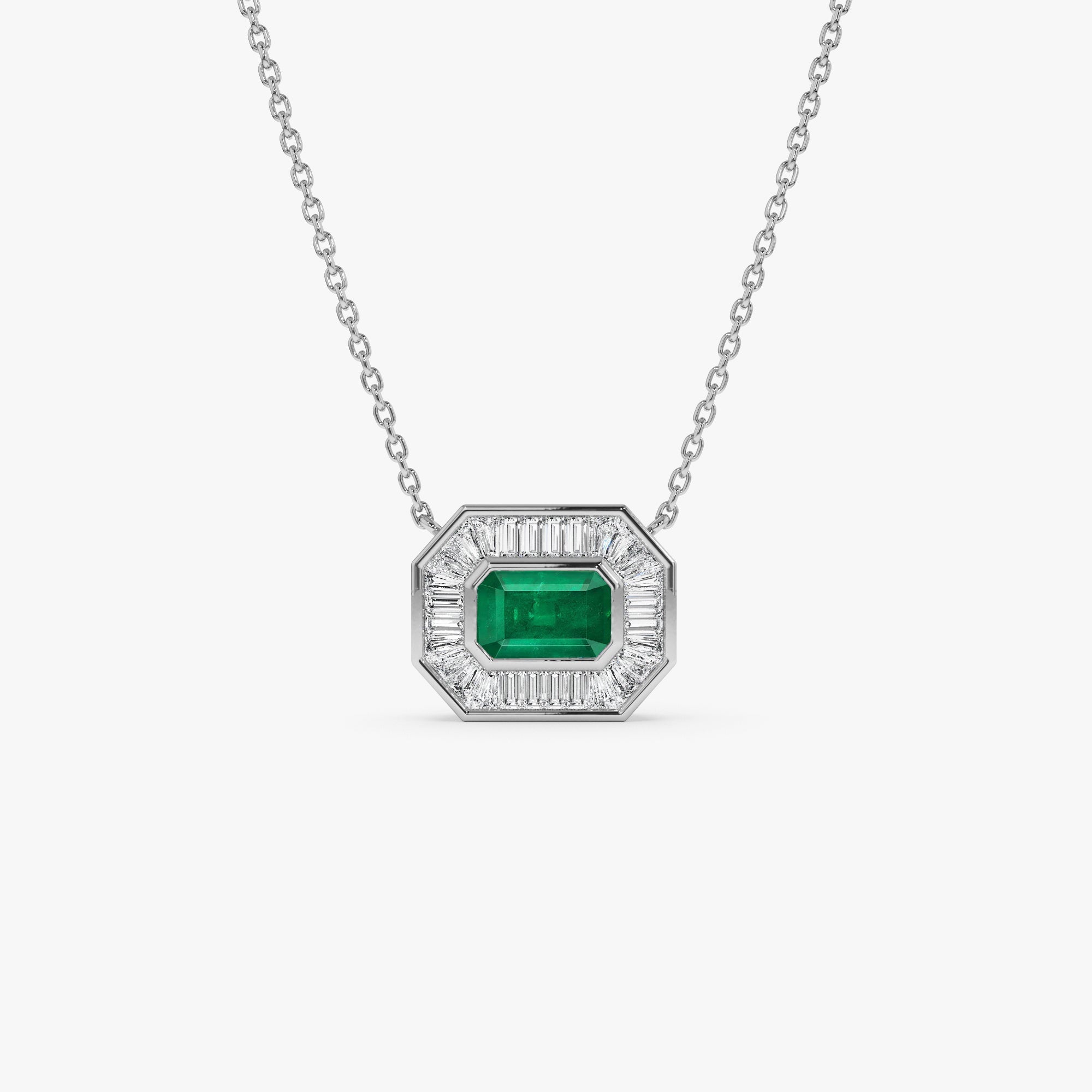 OBFJ1022 - 14k Baguette Halo Emerald Necklace 6