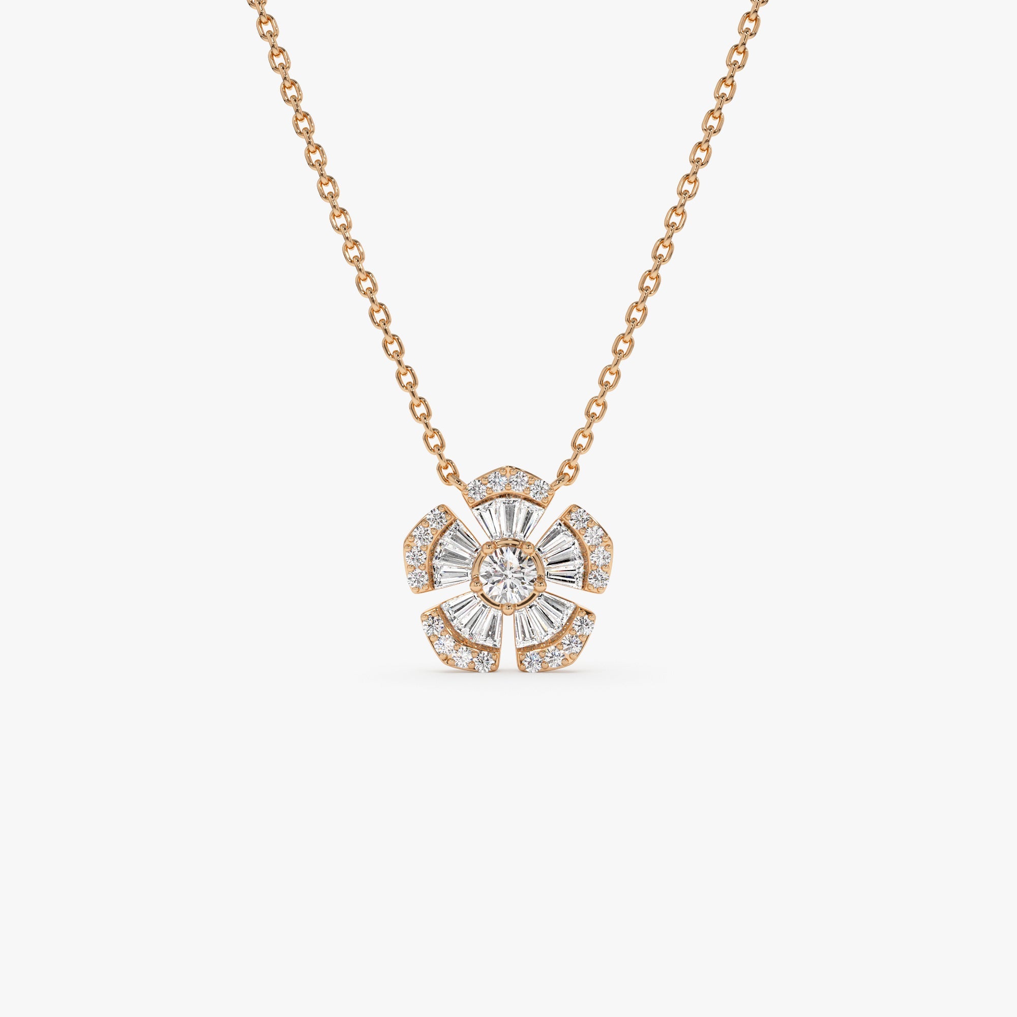 OBFJ1016 - 14k Baguette and Round Diamond Flower Necklace 8