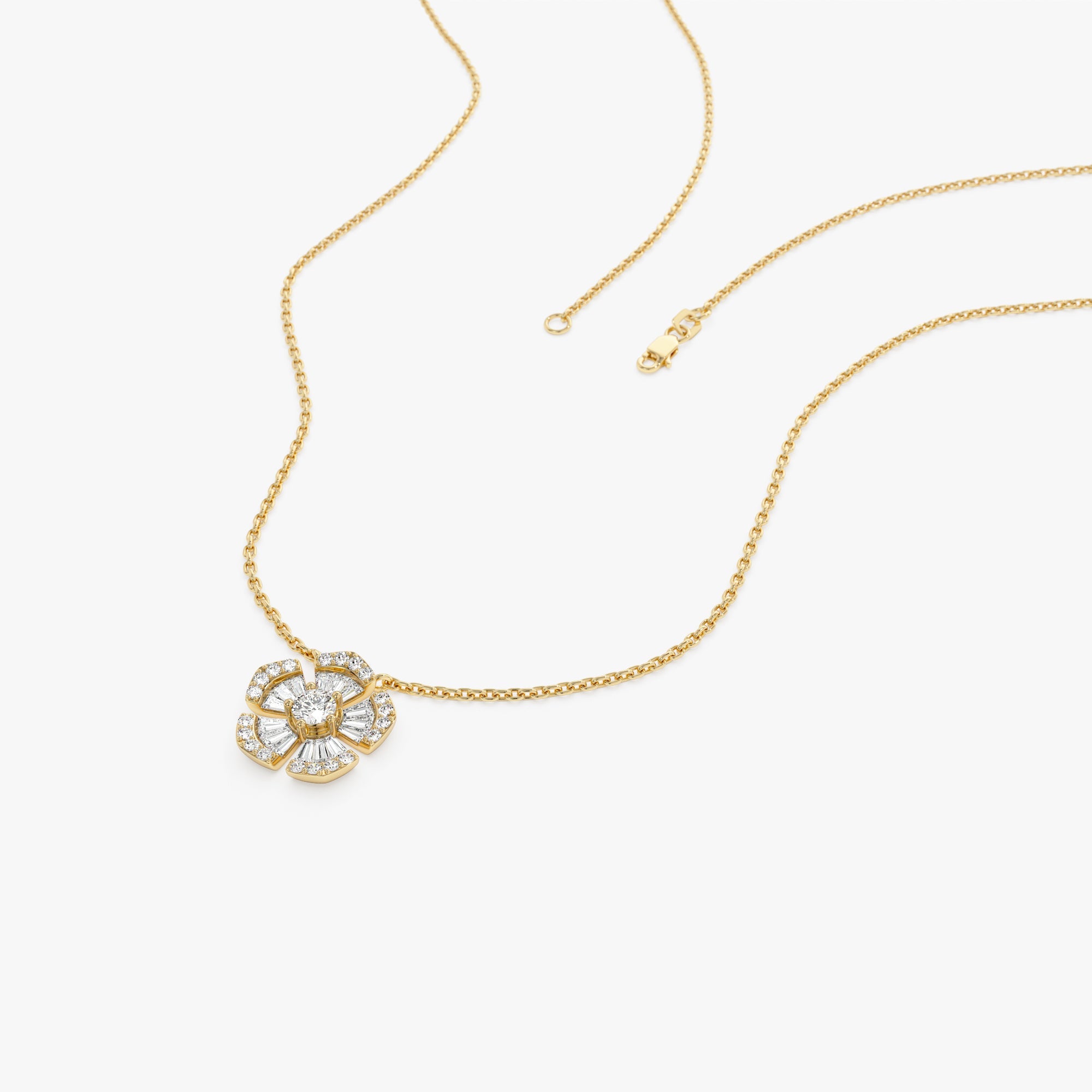 OBFJ1016 - 14k Baguette and Round Diamond Flower Necklace 10