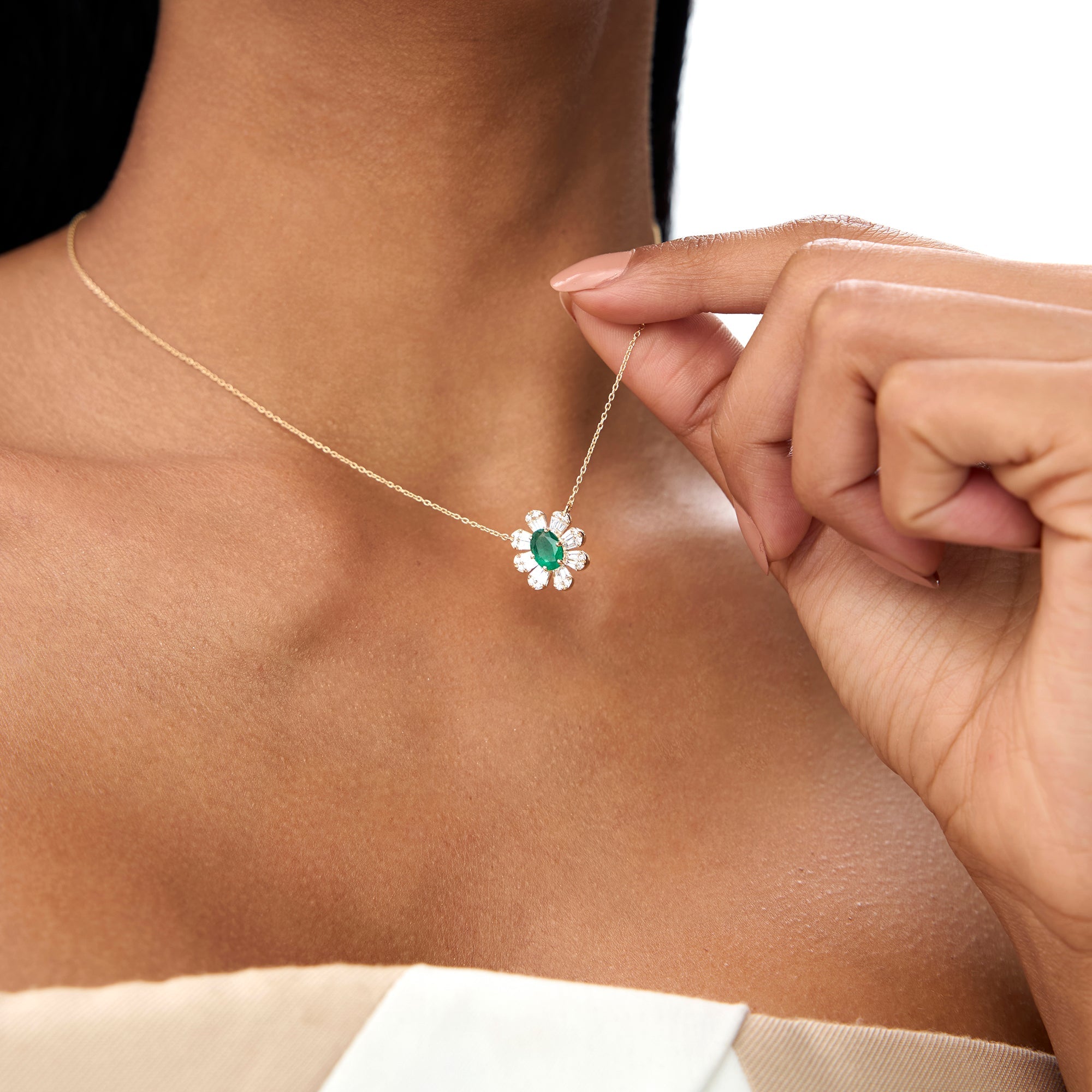 OBFJ0905 - 14k Oval Shape Emerald Necklace with Baguettes 2