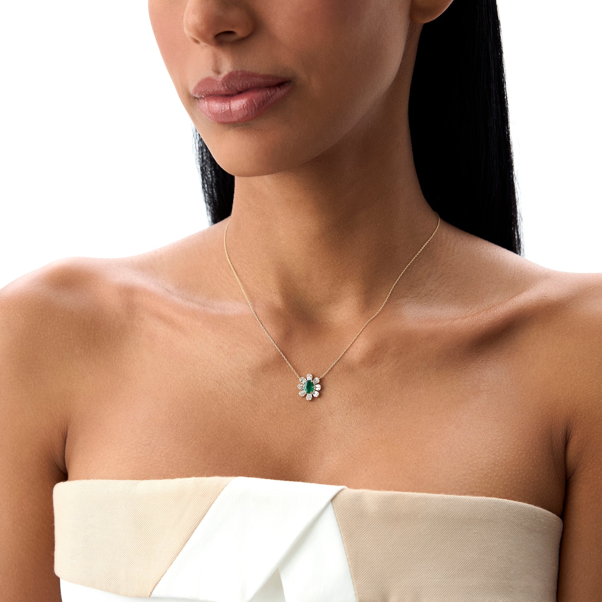 OBFJ0905 - 14k Oval Shape Emerald Necklace with Baguettes 4