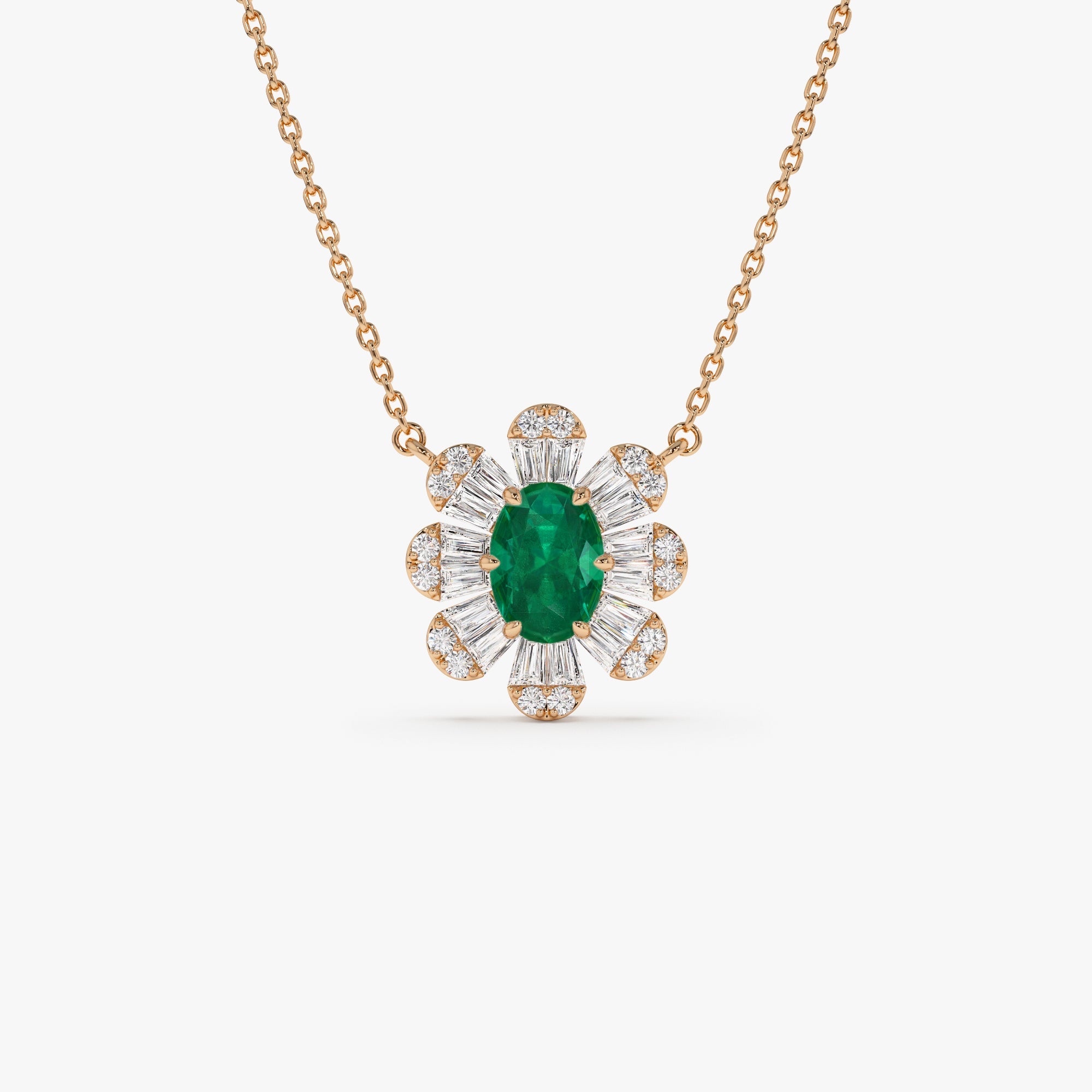 OBFJ0905 - 14k Oval Shape Emerald Necklace with Baguettes 6