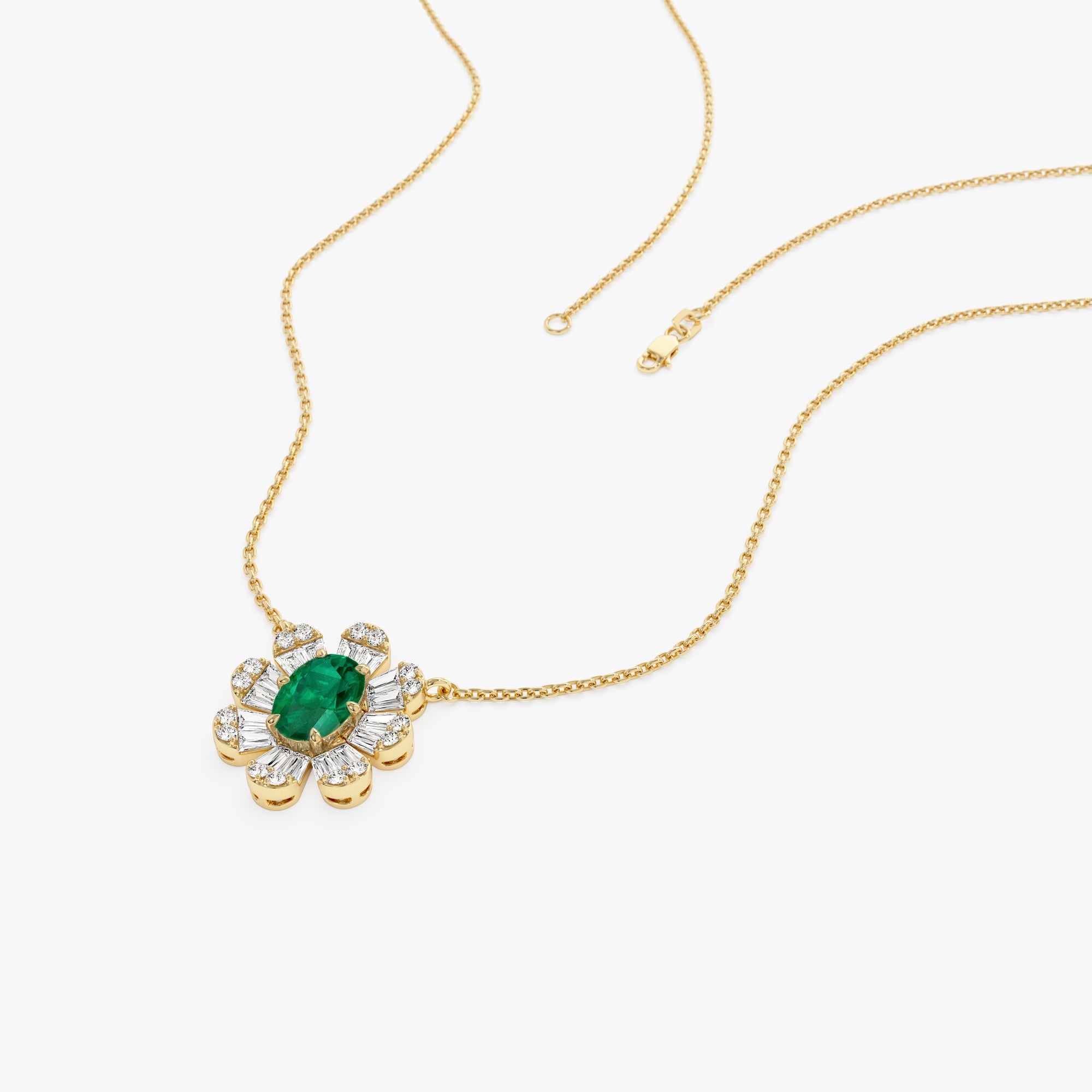OBFJ0905 - 14k Oval Shape Emerald Necklace with Baguettes 7