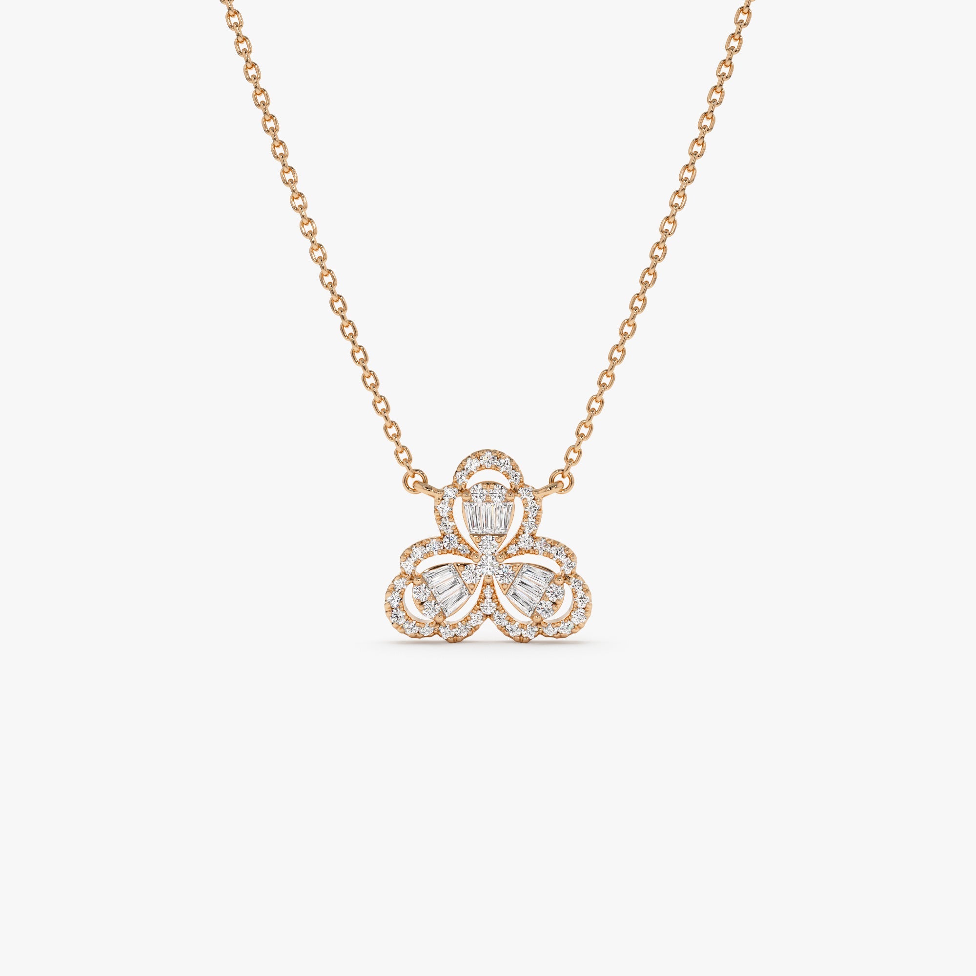OBFJ0904 - 14K Gold Clover Baguette Diamond Necklace 6
