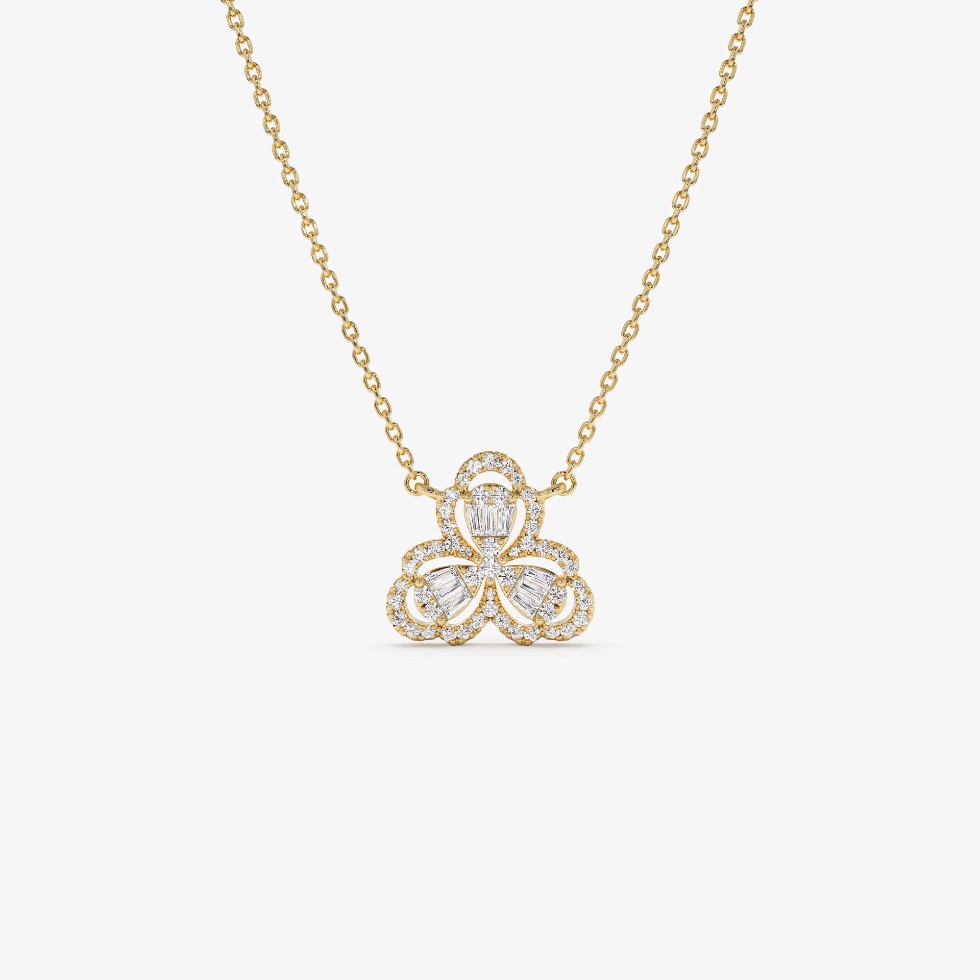 OBFJ0904 - 14K Gold Clover Baguette Diamond Necklace 1