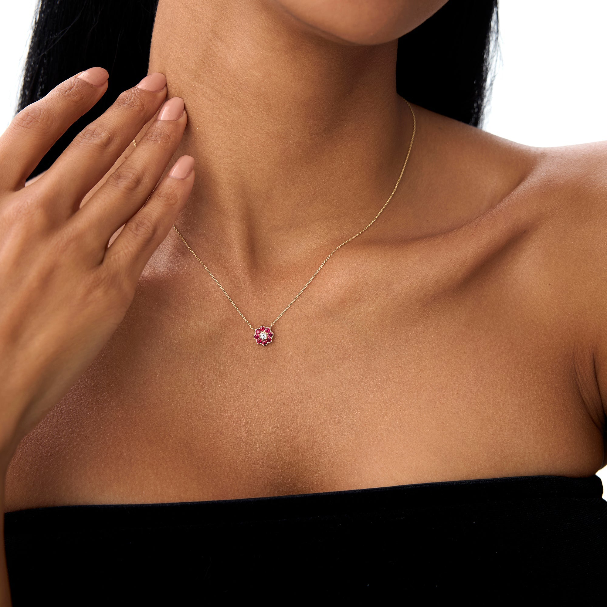 OBFJ0895 - 14K Bezel Setting Ruby Flower Diamond Necklace 4