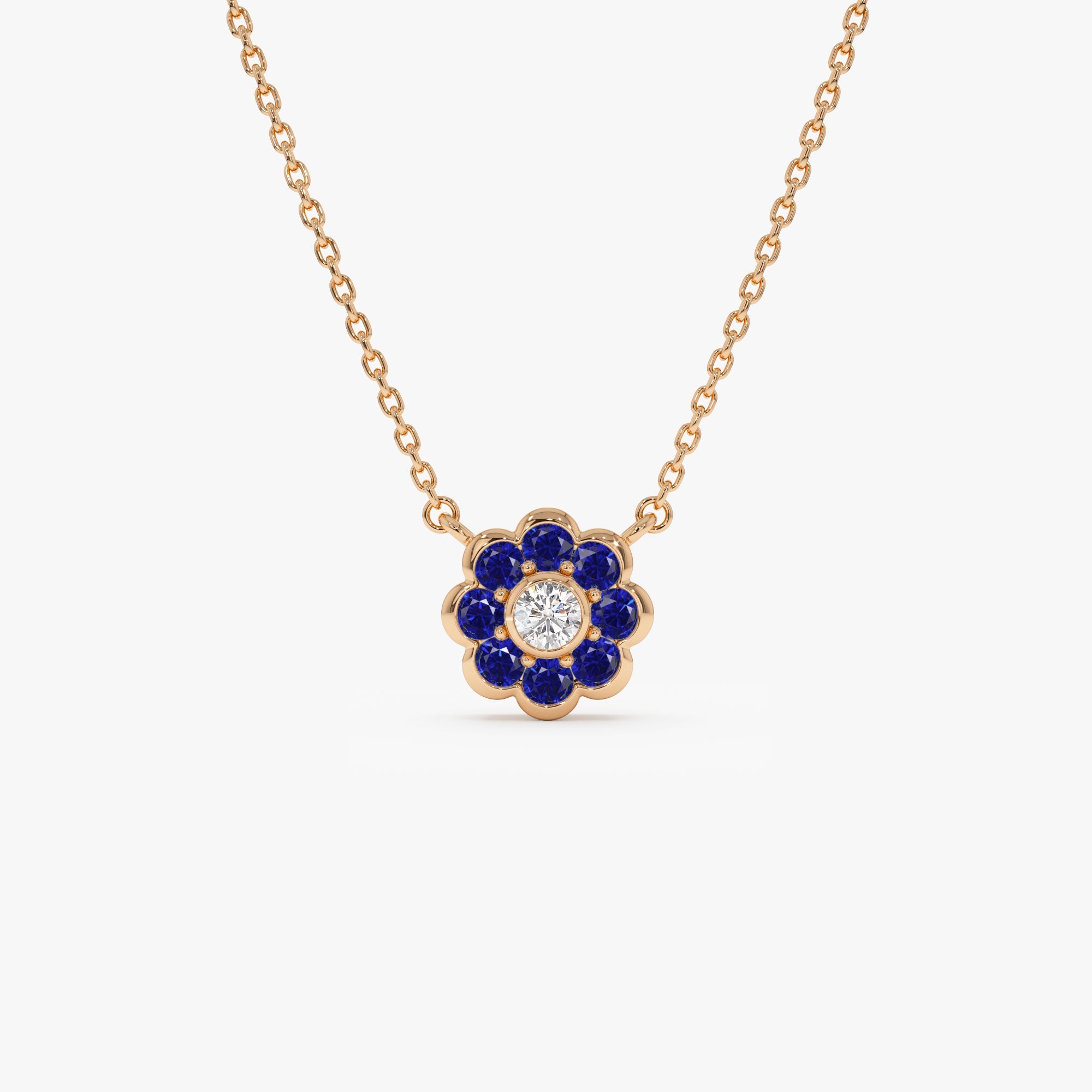 OBFJ0893 - 14K Bezel Setting Sapphire Flower Diamond Necklace 6