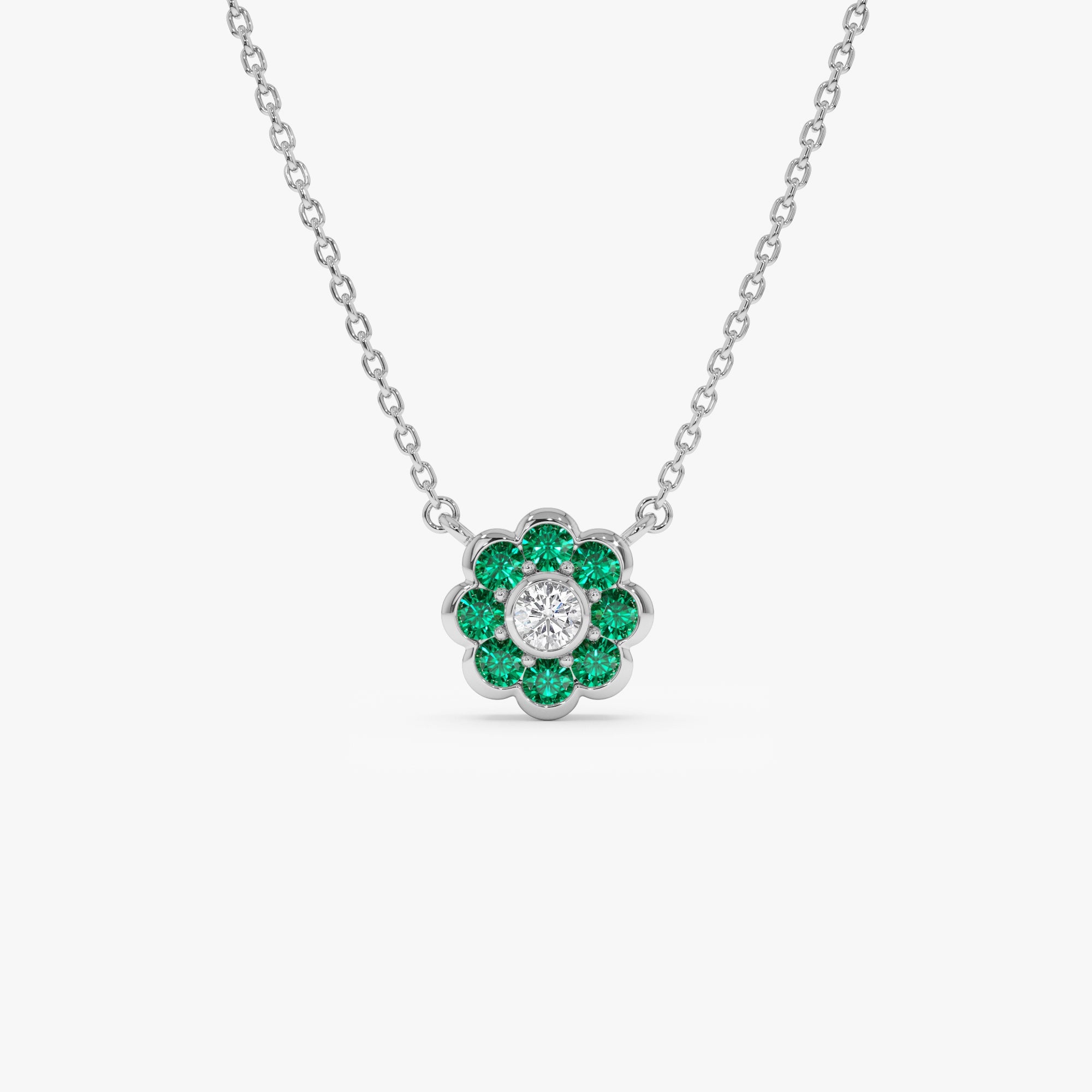 OBFJ0894 - 14K Bezel Setting Emerald Flower Diamond Necklace 7