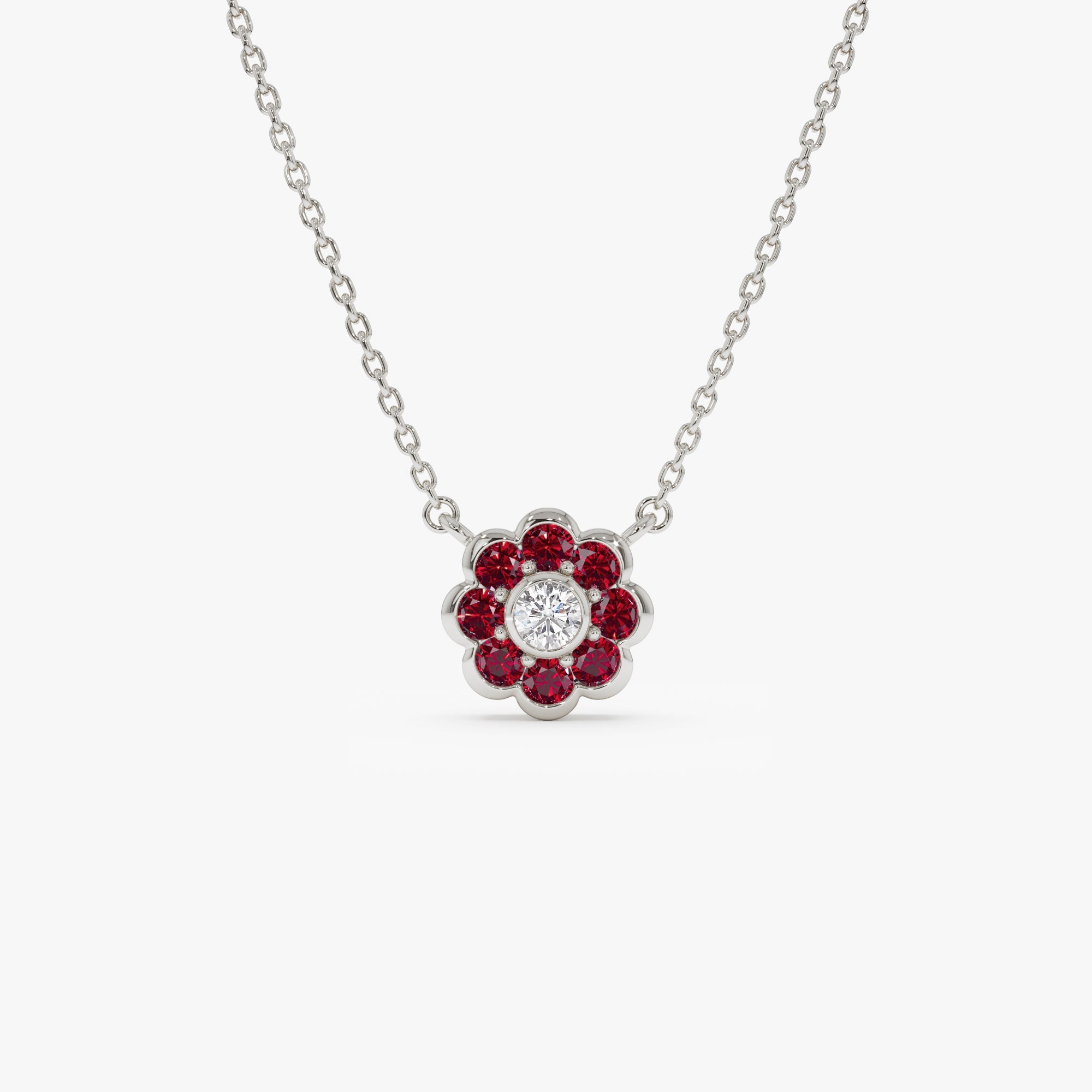 OBFJ0895 - 14K Bezel Setting Ruby Flower Diamond Necklace 8