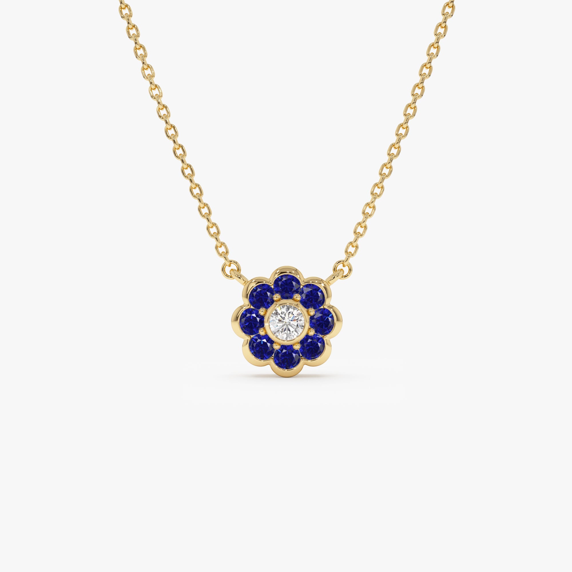 OBFJ0893 - 14K Bezel Setting Sapphire Flower Diamond Necklace 1