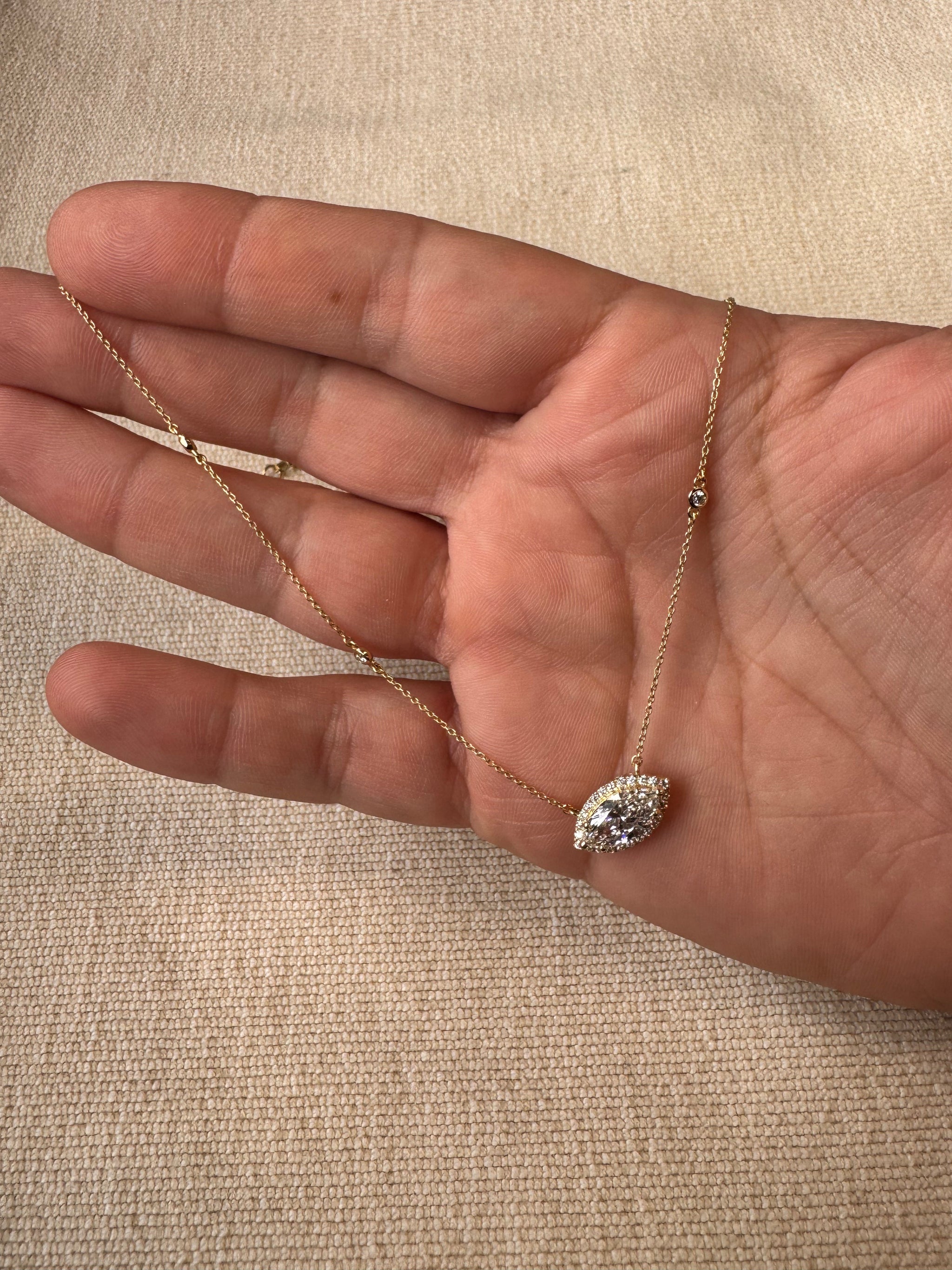 OBFJ0063 - 14k Gold Diamond by the Yard Necklace with Halo Marquise Center 3