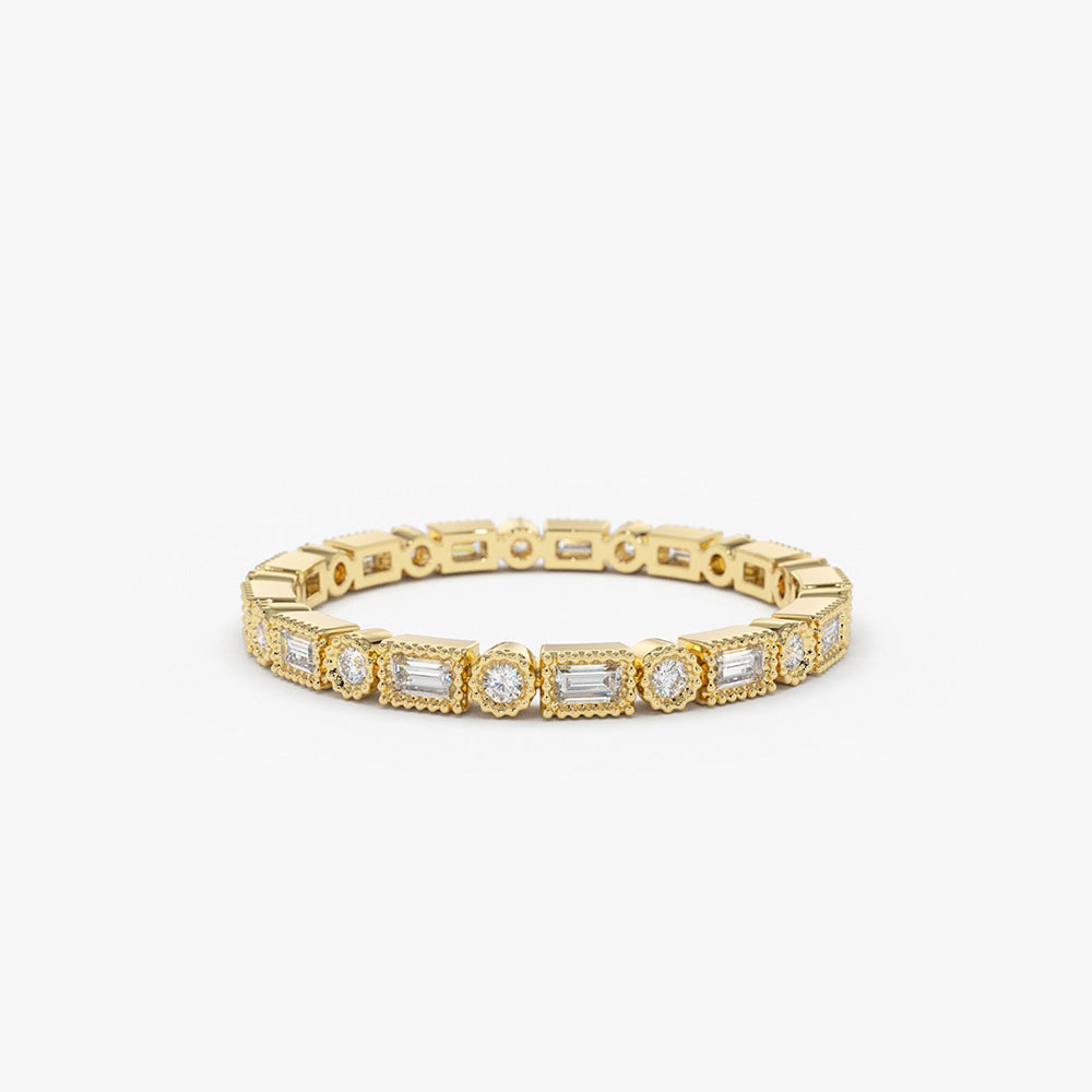 OBFJ1898 - 14K Baguette & Round Diamond Milgrain Bezel Full Eternity Ring 1
