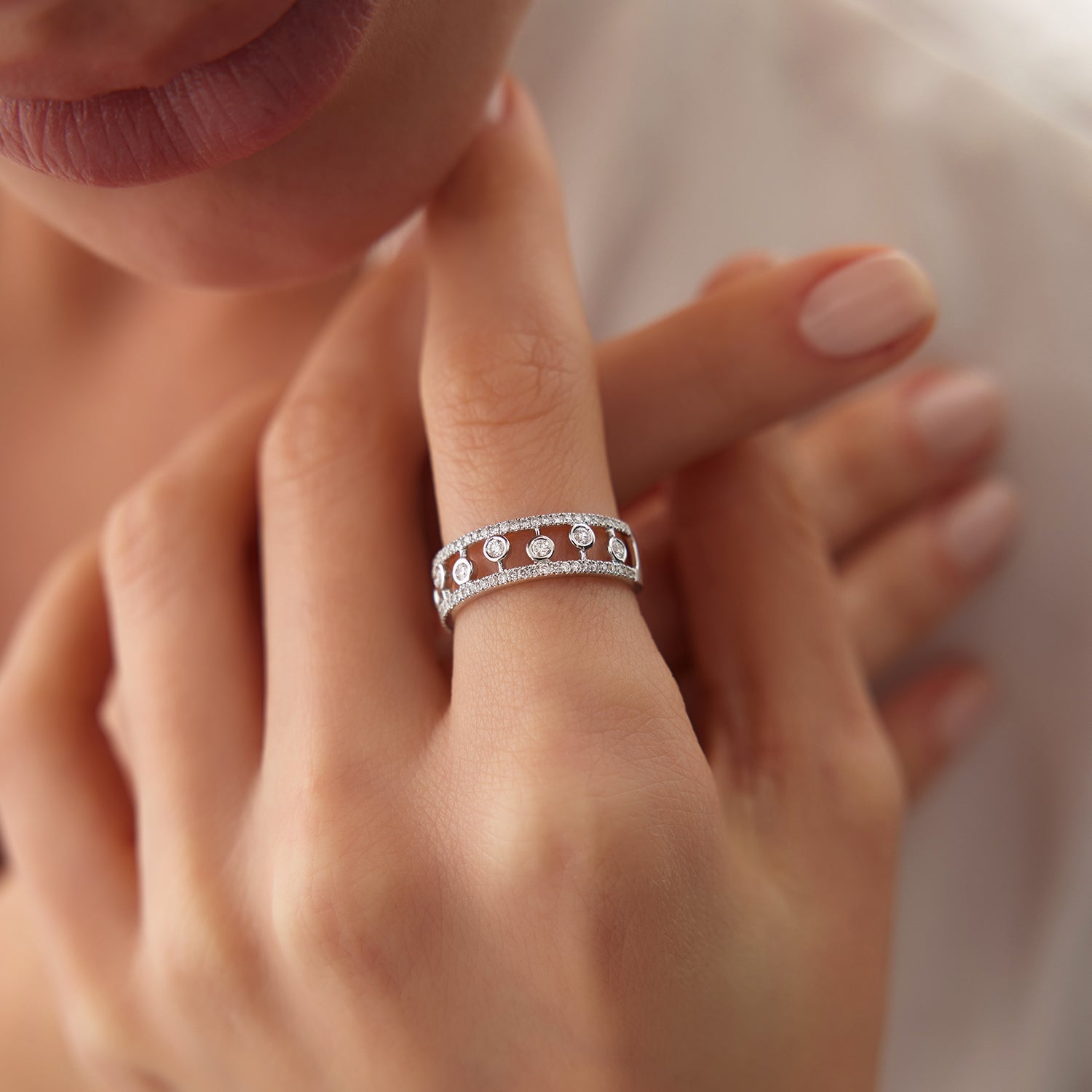 OBFJ1961 - 14k Double Row Pave Ring w/ Floating Diamonds 4