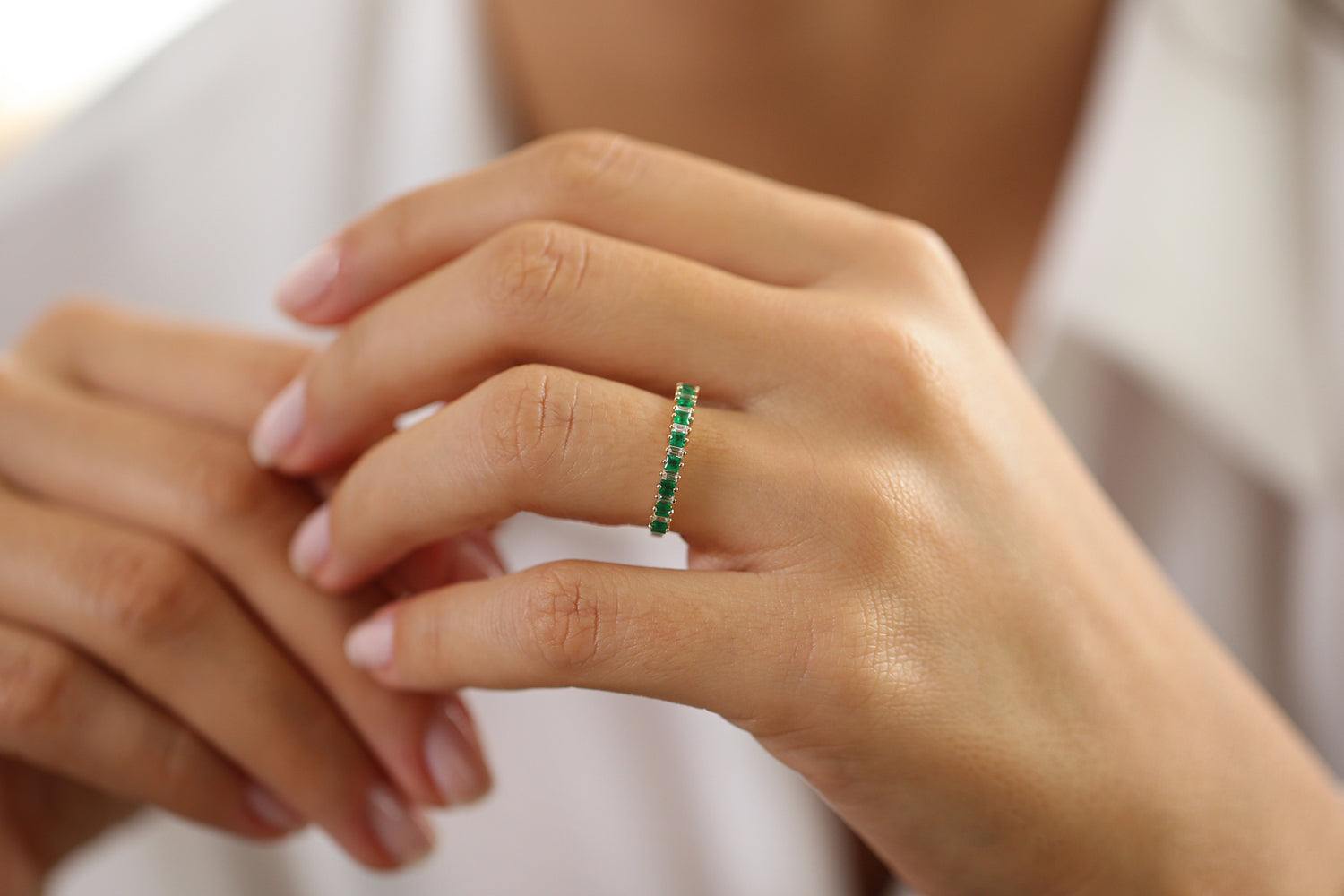 OBFJ1999 - 14k Unique Princess Cut Emerald and Baguette Diamond Ring 9