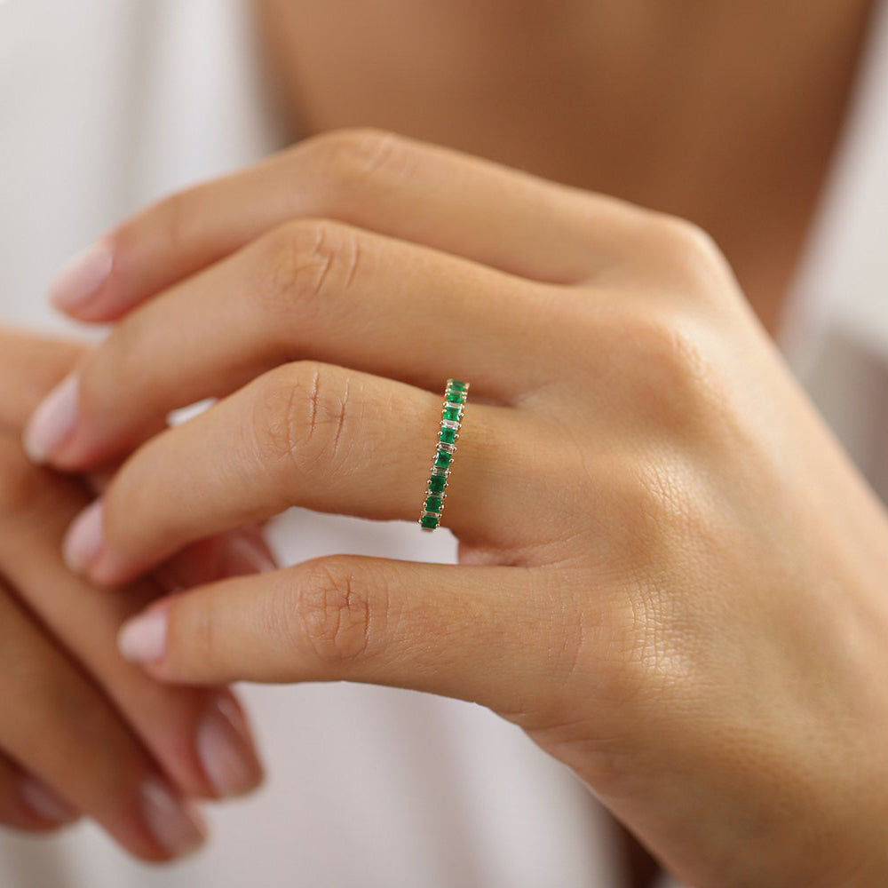 OBFJ1999 - 14k Unique Princess Cut Emerald and Baguette Diamond Ring 2