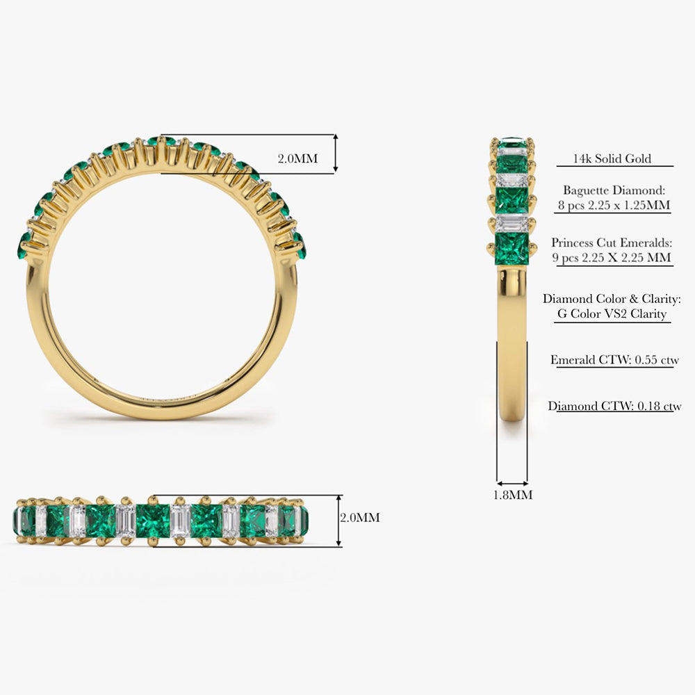 OBFJ1999 - 14k Unique Princess Cut Emerald and Baguette Diamond Ring 7
