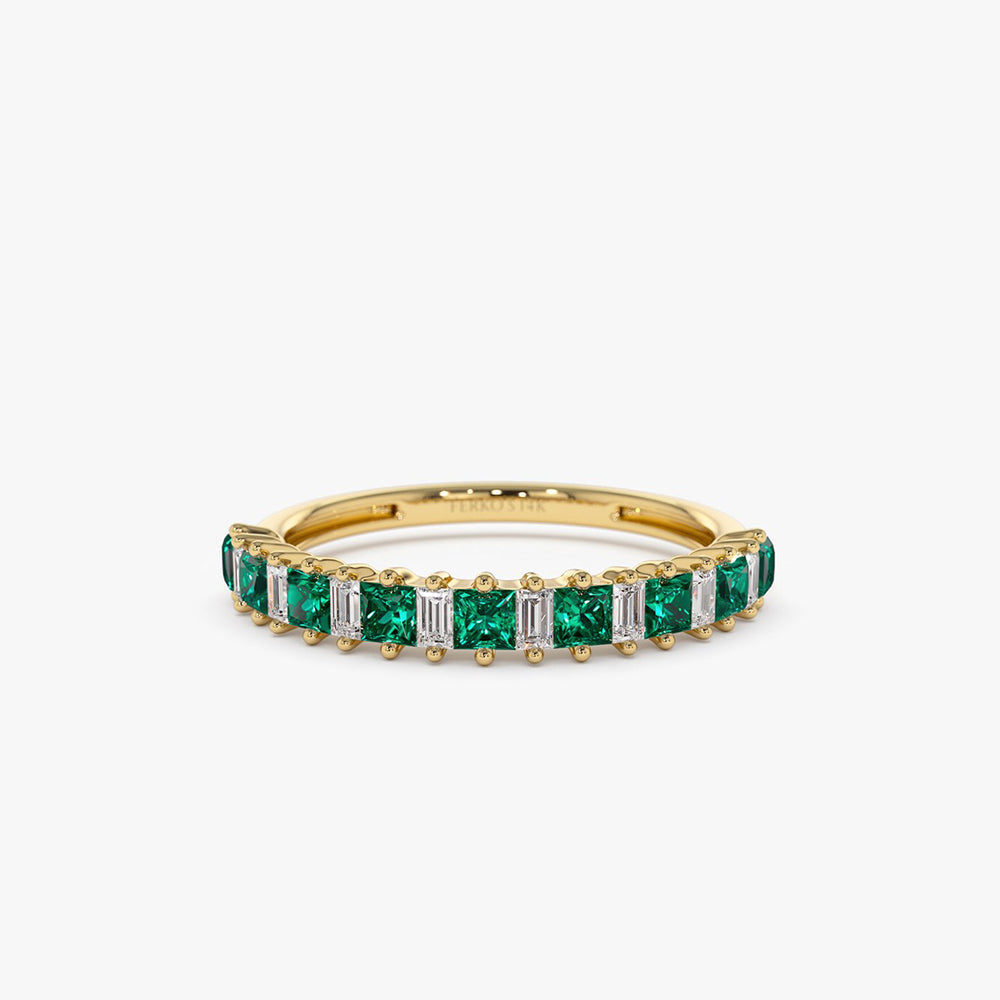 OBFJ1999 - 14k Unique Princess Cut Emerald and Baguette Diamond Ring 1