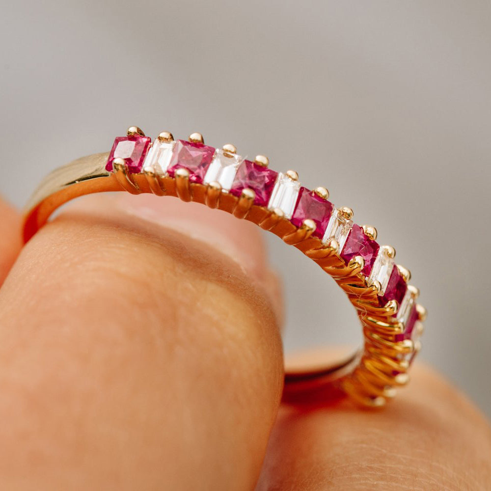 OBFJ2003 - 14k Unique Princess Cut Ruby and Baguette Diamond Ring 3