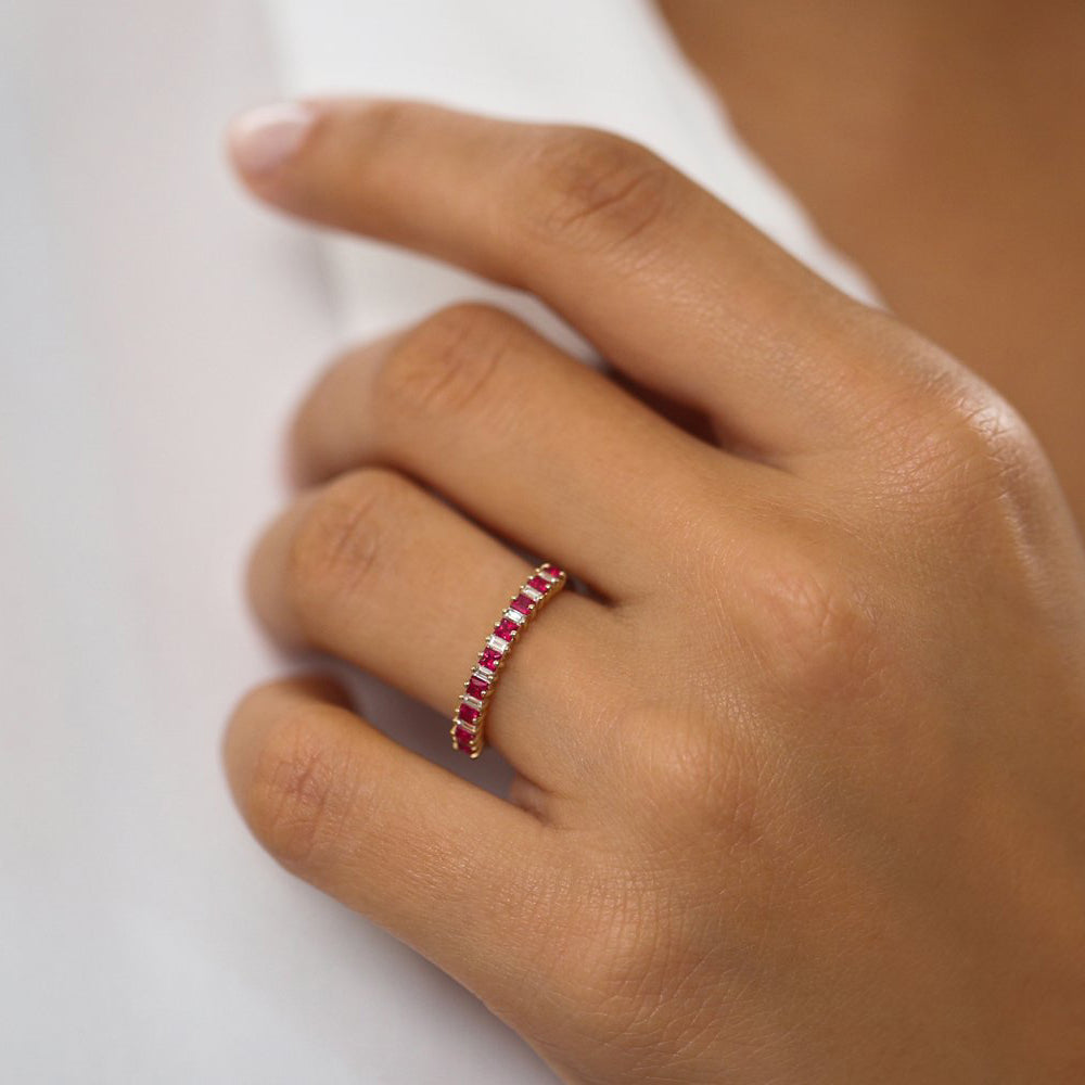 OBFJ2003 - 14k Unique Princess Cut Ruby and Baguette Diamond Ring 5