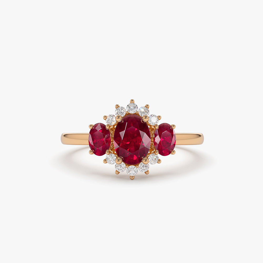 OBFJ1998 - 14k Three Stone Ruby Cluster Ring 3
