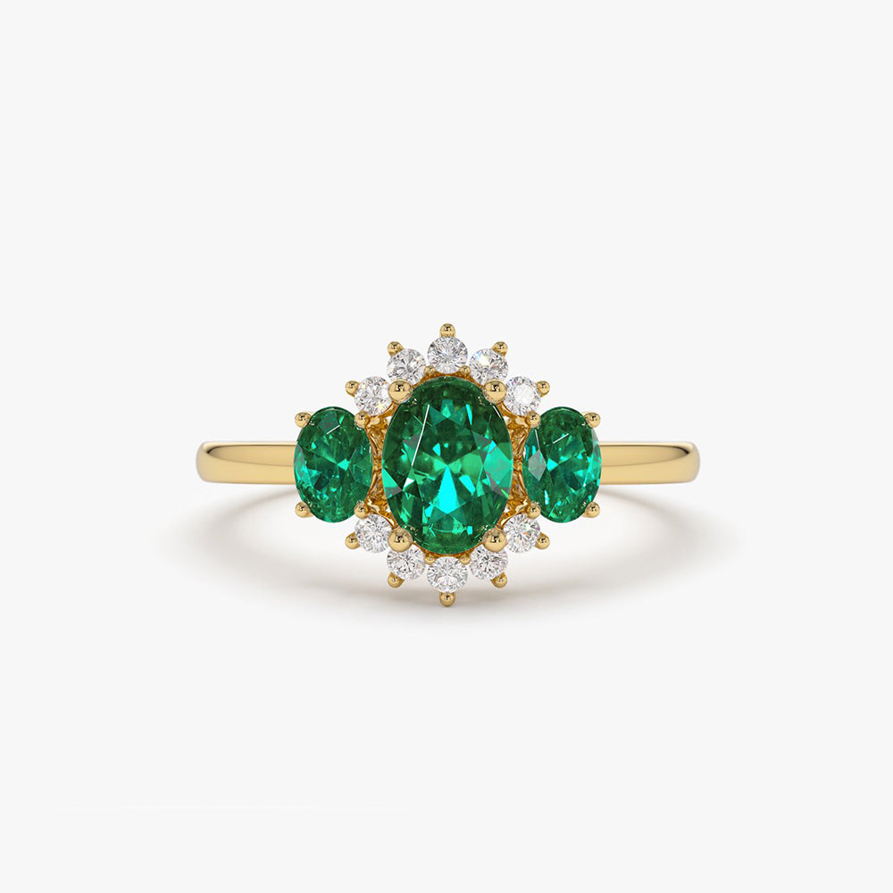 OBFJ1996 - 14k Three Stone Emerald Cluster Ring 1