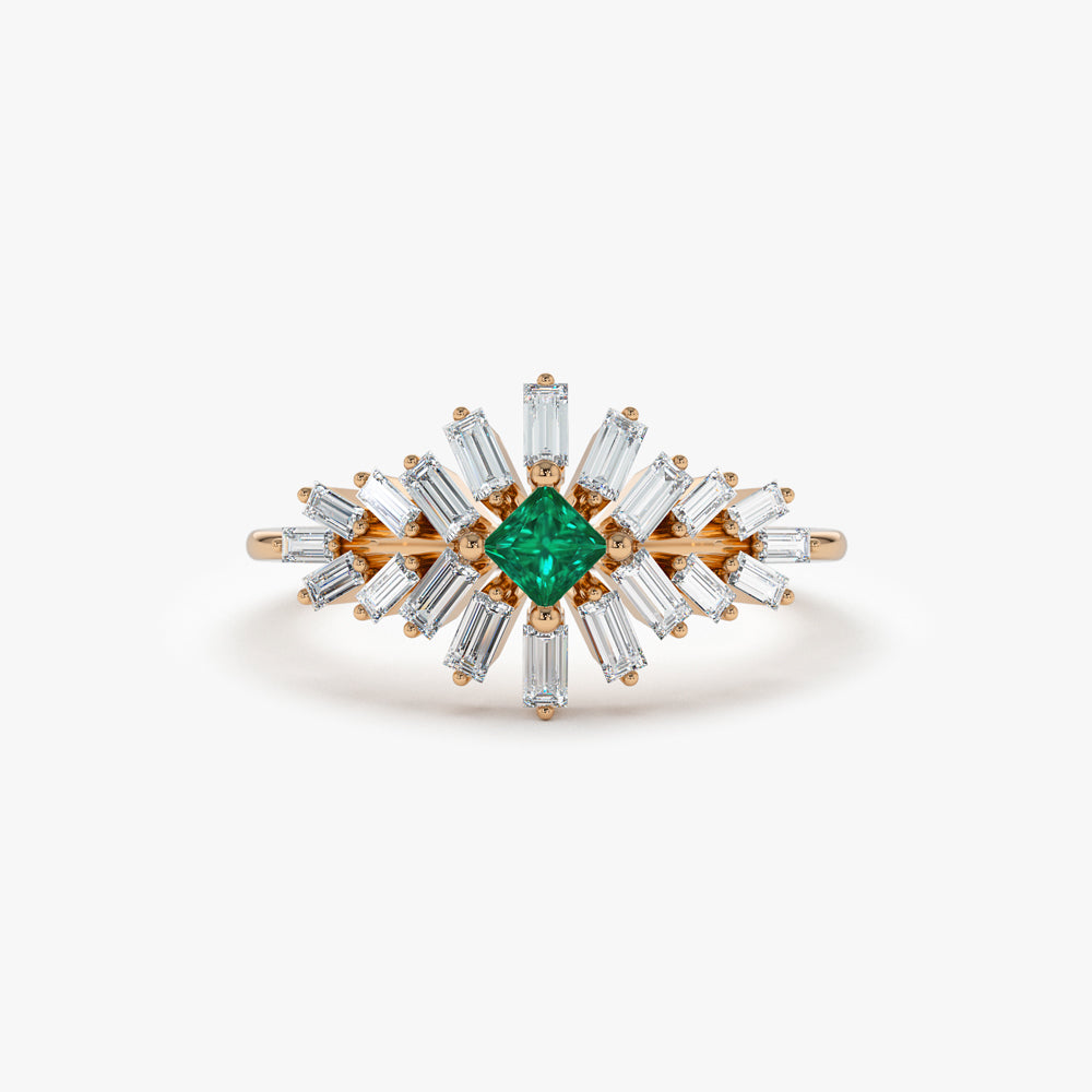 OBFJ2266 - 14K Baguette Diamond Ring with a Square Emerald 8