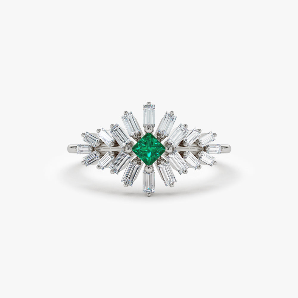 OBFJ2266 - 14K Baguette Diamond Ring with a Square Emerald 7