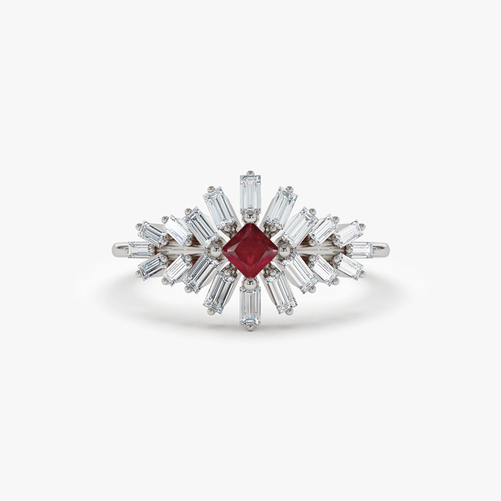 OBFJ1469 - 14K Baguette Diamond Ring with a Square Ruby 6