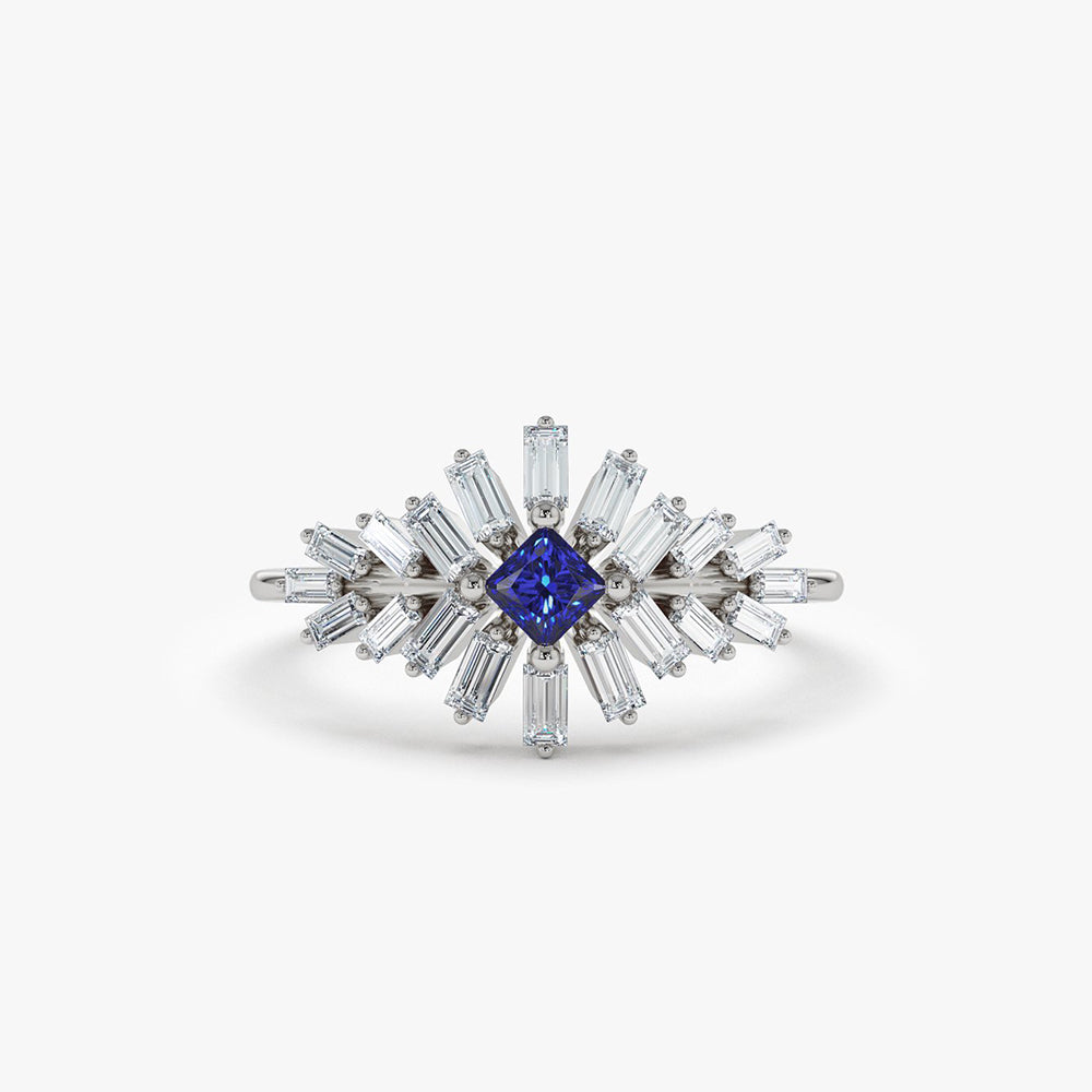 OBFJ2001 - 14K Baguette Diamond Ring with Square Sapphire 6