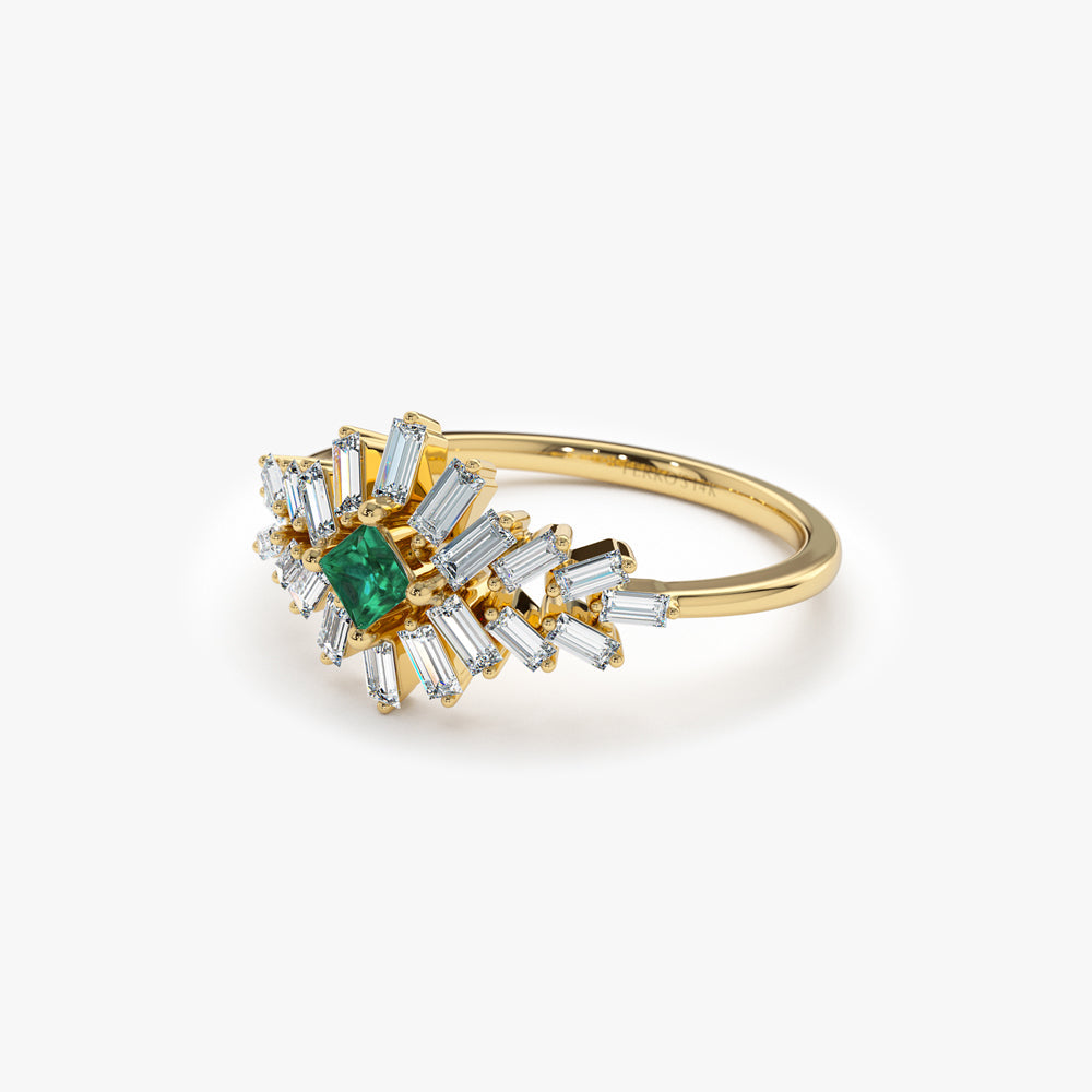 OBFJ2266 - 14K Baguette Diamond Ring with a Square Emerald 9