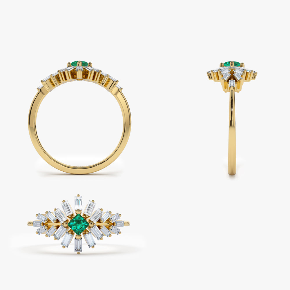 OBFJ2266 - 14K Baguette Diamond Ring with a Square Emerald 10