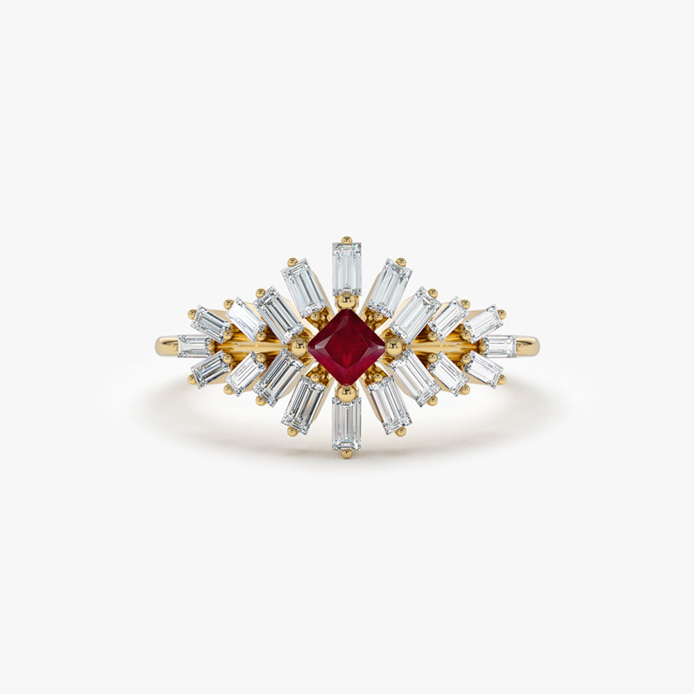 OBFJ1469 - 14K Baguette Diamond Ring with a Square Ruby 1