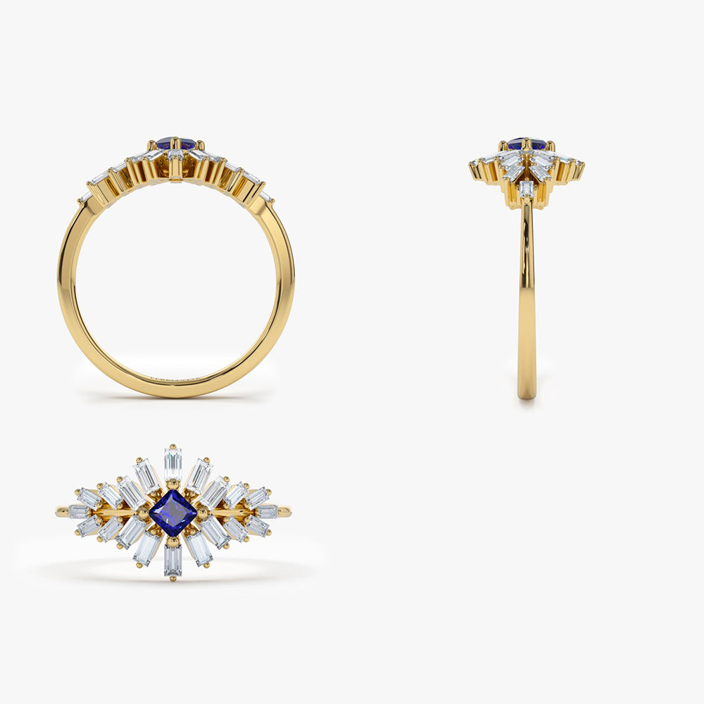OBFJ2001 - 14K Baguette Diamond Ring with Square Sapphire 8