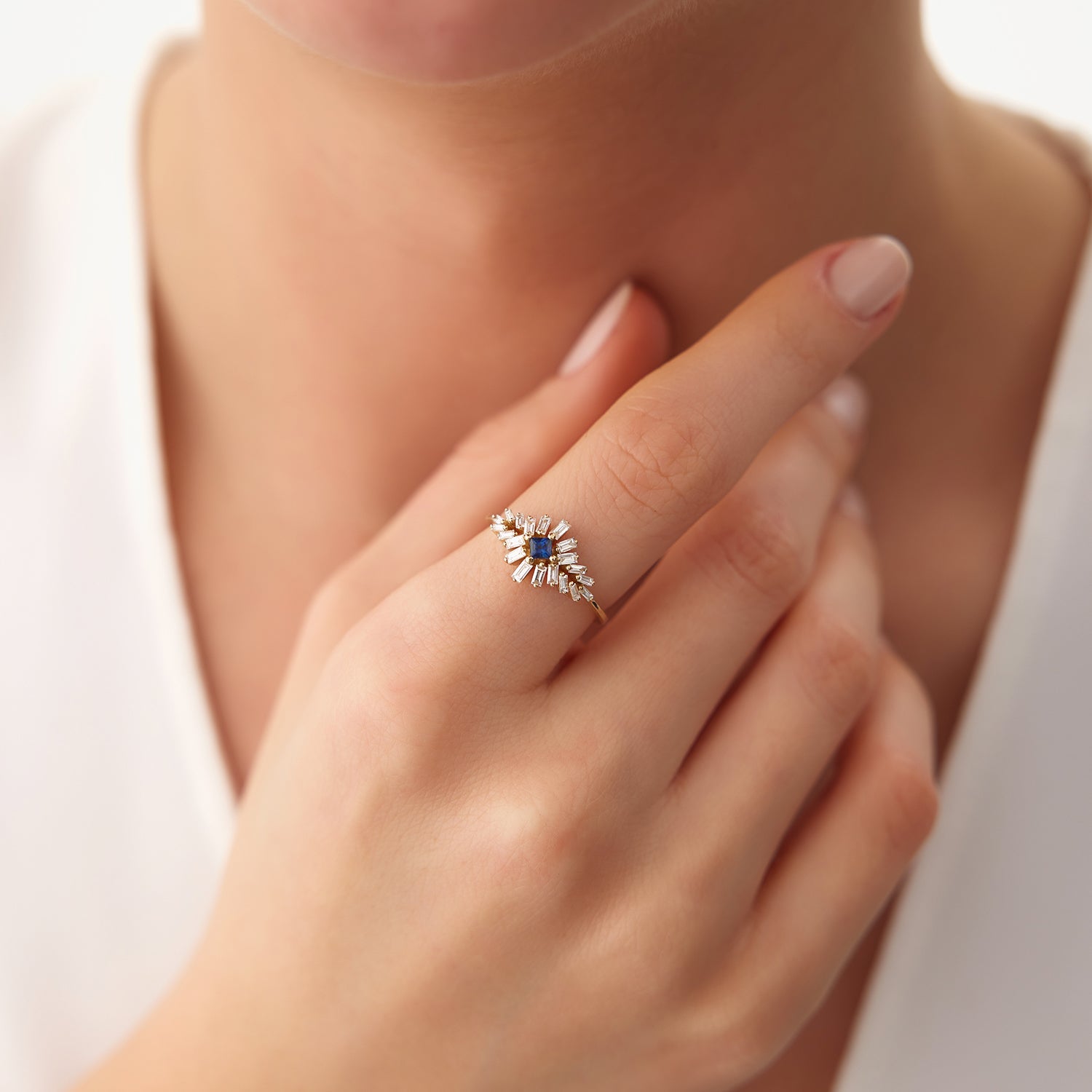 OBFJ2001 - 14K Baguette Diamond Ring with Square Sapphire 2